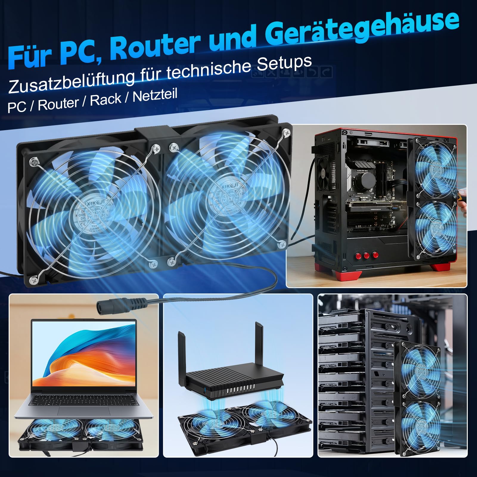 240 mm Doppelluefter, 2 x 120 mm 12 V Gehaeuseluefter Lüfter mit stufenlosem Drehzahlregler, Metall-Schutzgitter, fuer PC, Router, Netzteil