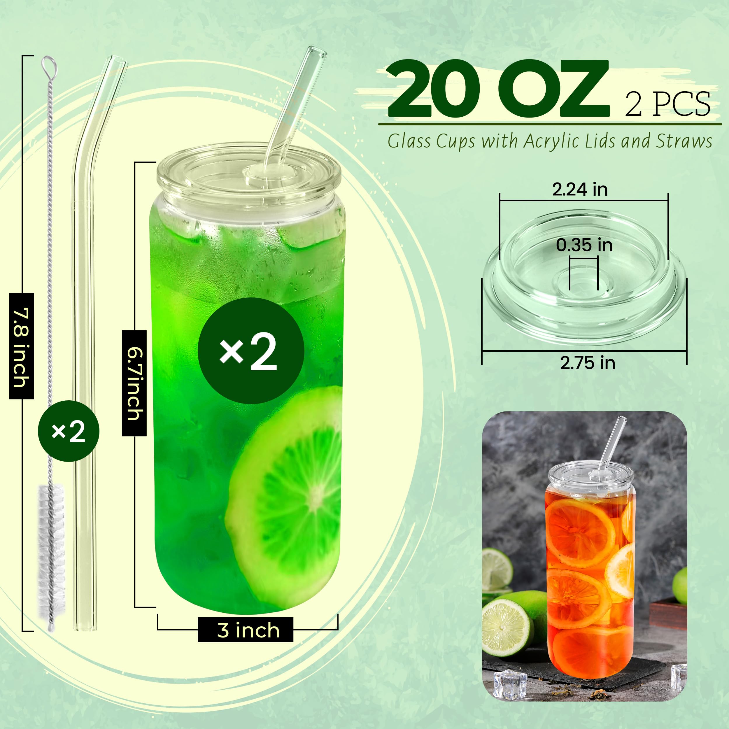 Joyclub Vasos de vidrio de 20 onzas con tapas acrílicas y popotes, 2 tazas de café helado de vidrio con tapas, vasos para beber, bonitos vasos ideales para batidos, refrescos, té, cóctel, cerveza