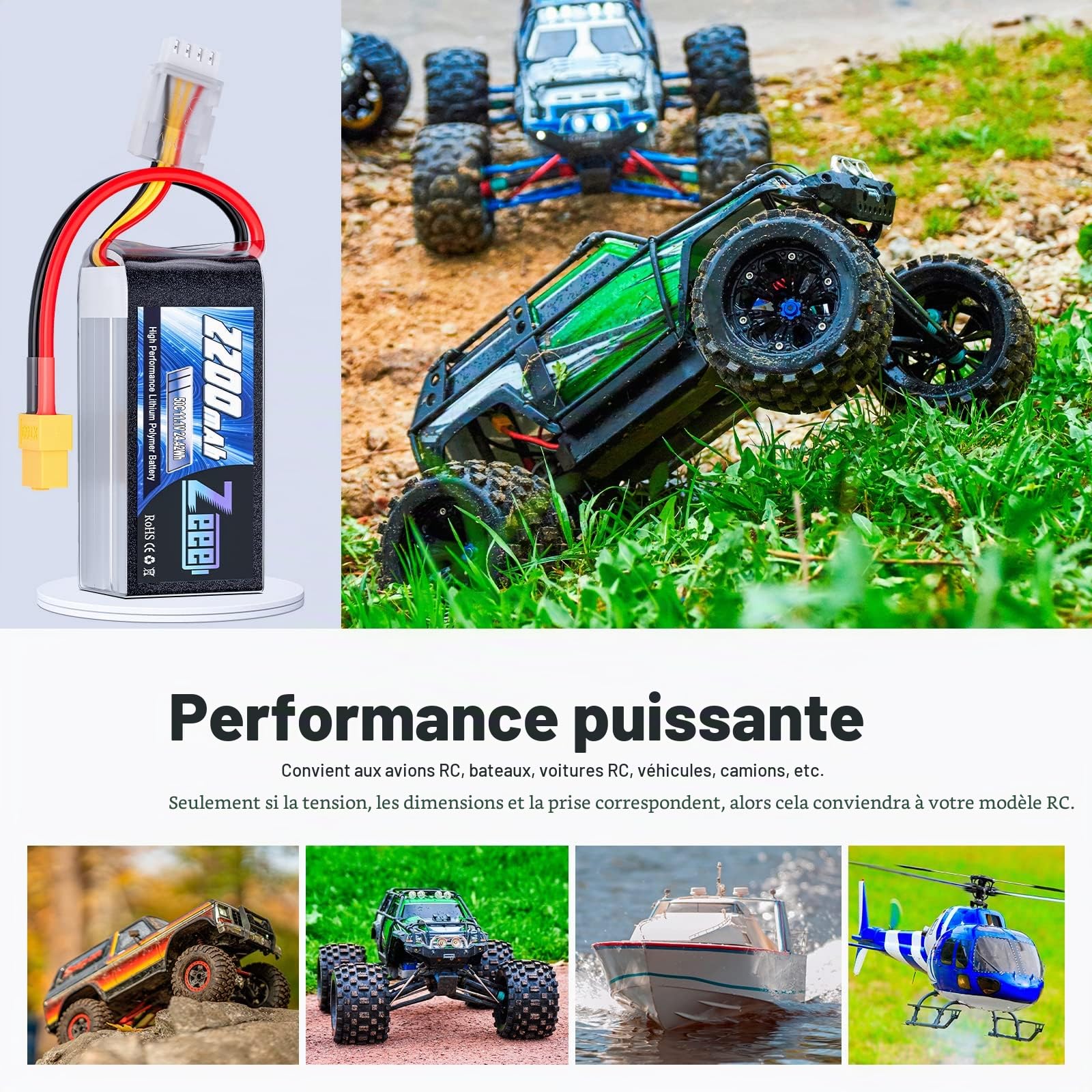 Zeee 3S Lipo Batterie 50C 2200mAh 11.1V XT60 RC Batterie Courte (2 pcs)