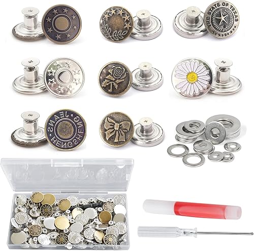 Botones para jeans, 50 juegos de botones de 0.669 in y 0.787 in para coser jeans de metal, botones de metal ajustables instantáneamente para