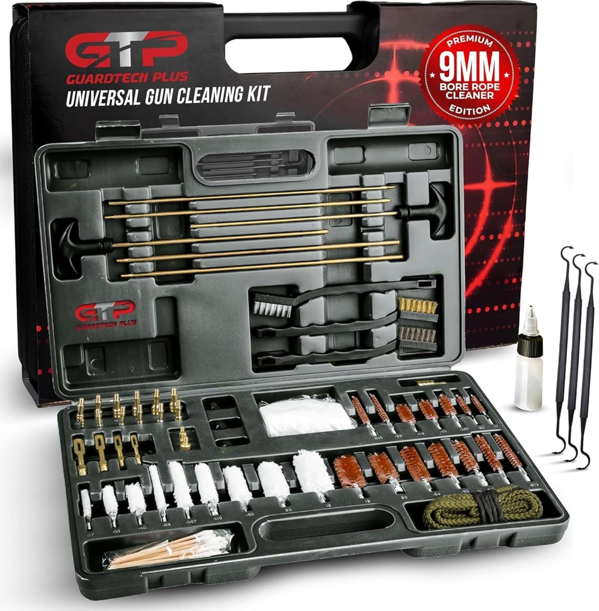 GuardTech Plus Universal Gun Cleaning Kit - Pro Grade Gun Cleaner and Handgun, Rifle and Shotgun Cleaner with Brass Jags, Cotton Patches & Bore Rope - Complete Firearm Cleaning Kits for All Guns