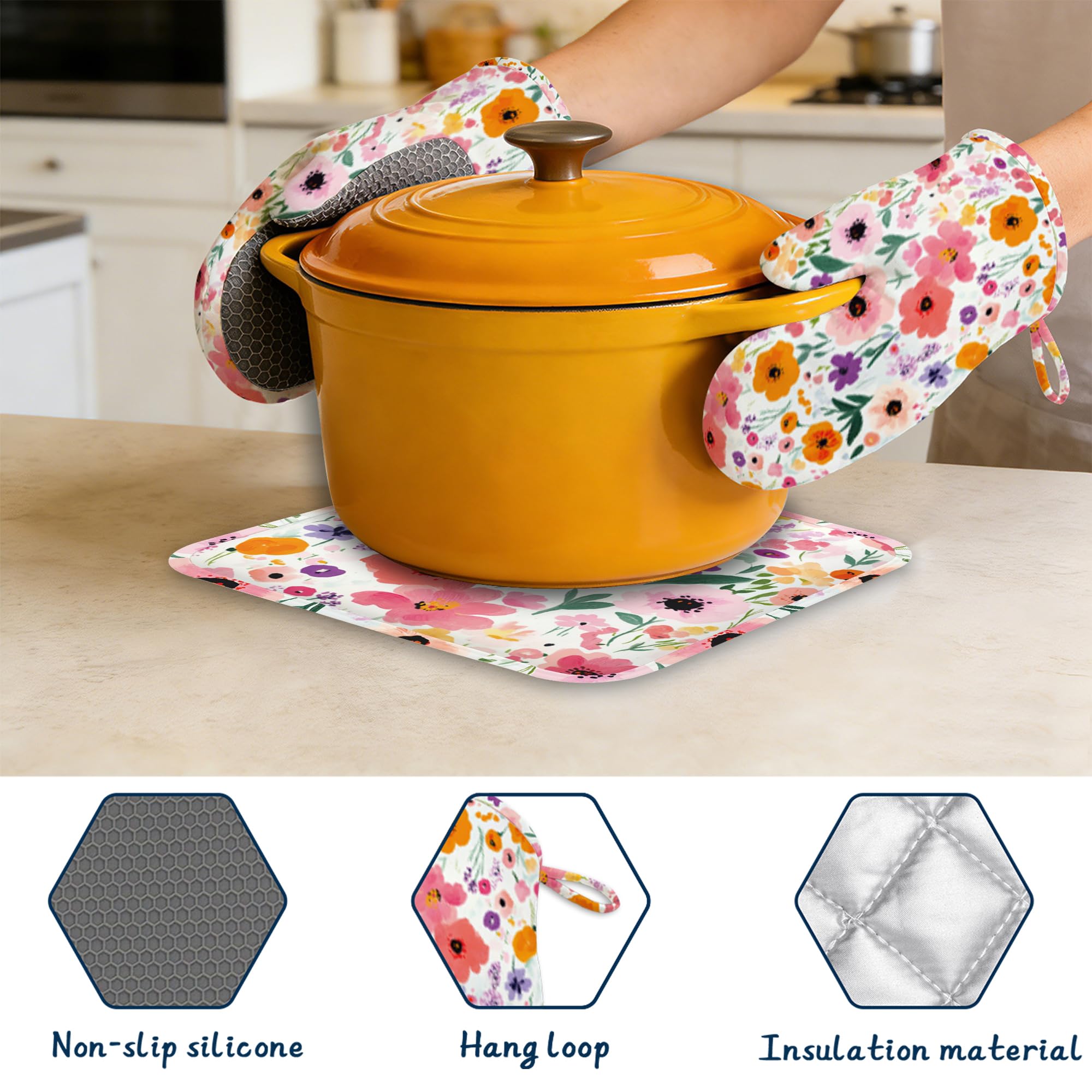 Juego de manoplas de horno y soportes para ollas, manoplas de cocina florales de acuarela extralargas para cocinar, de algodón grueso resistente al calor, utensilios de cocina de silicona para hornear