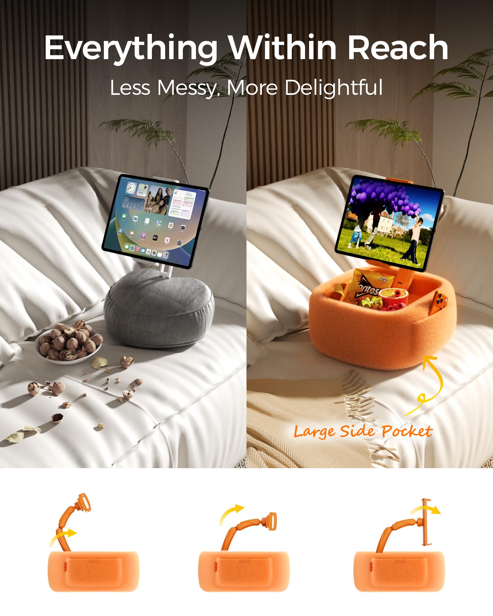LULULOOK Support Kindle avec 2 Poches, réglable, avec Bras pivotant magnétique, Support Universel pour Tablette avec Plateau à collation Amovible, pour Tous Les appareils de 4,7 à 16 ", Orange