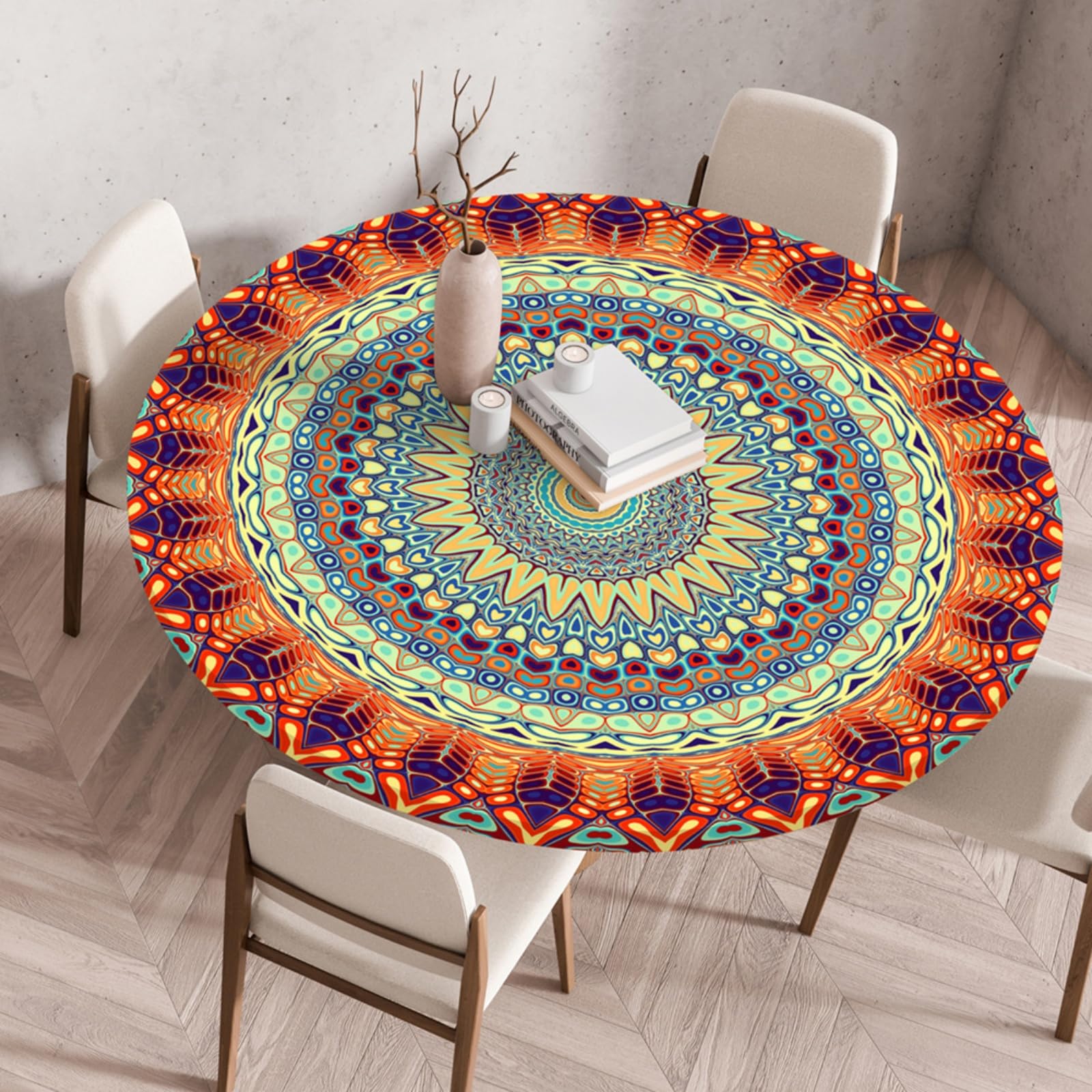 Odot Elastic Edged Round Fitted Tablecloth Protector Wipeable Circle Tablecloth Indoor Outdoor Table Cover Wipe Clean for Outdoor Tabletop Kitchen Dining Room - Mosaic Art (Leaf,100cm)