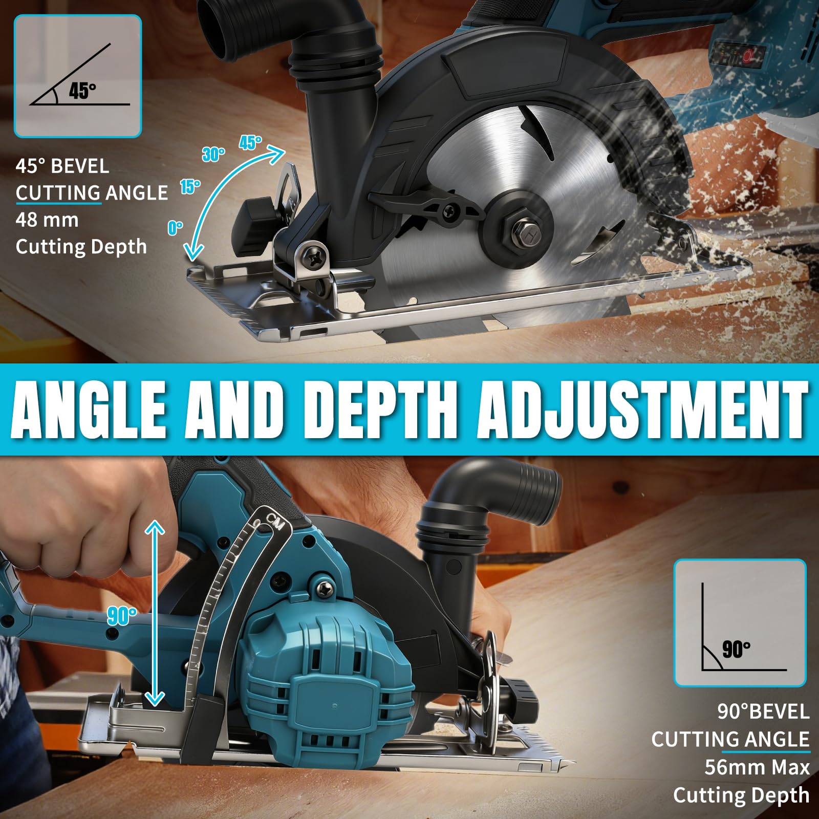 Sierra circular de mano con batería para Makita 18 V batería de litio (sin batería), motor sin escobillas, hoja de sierra Ø 150 mm, 6000 rpm, profundidad de corte 56 mm, 0-45°, con pantalla digital