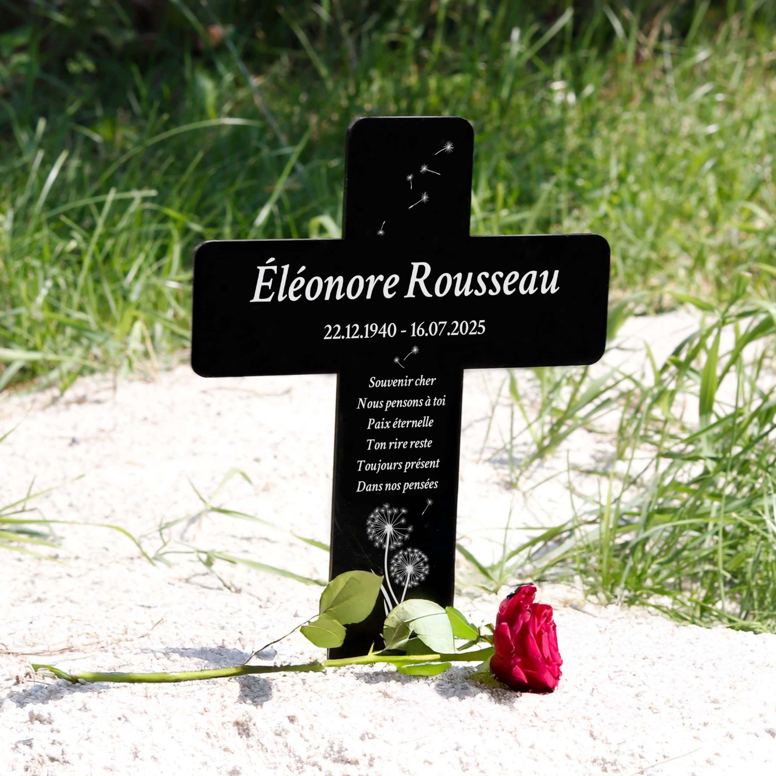 LAUBLUST Croix funéraire personnalisée en acrylique avec texte gravé – Décoration de tombe 2 tailles