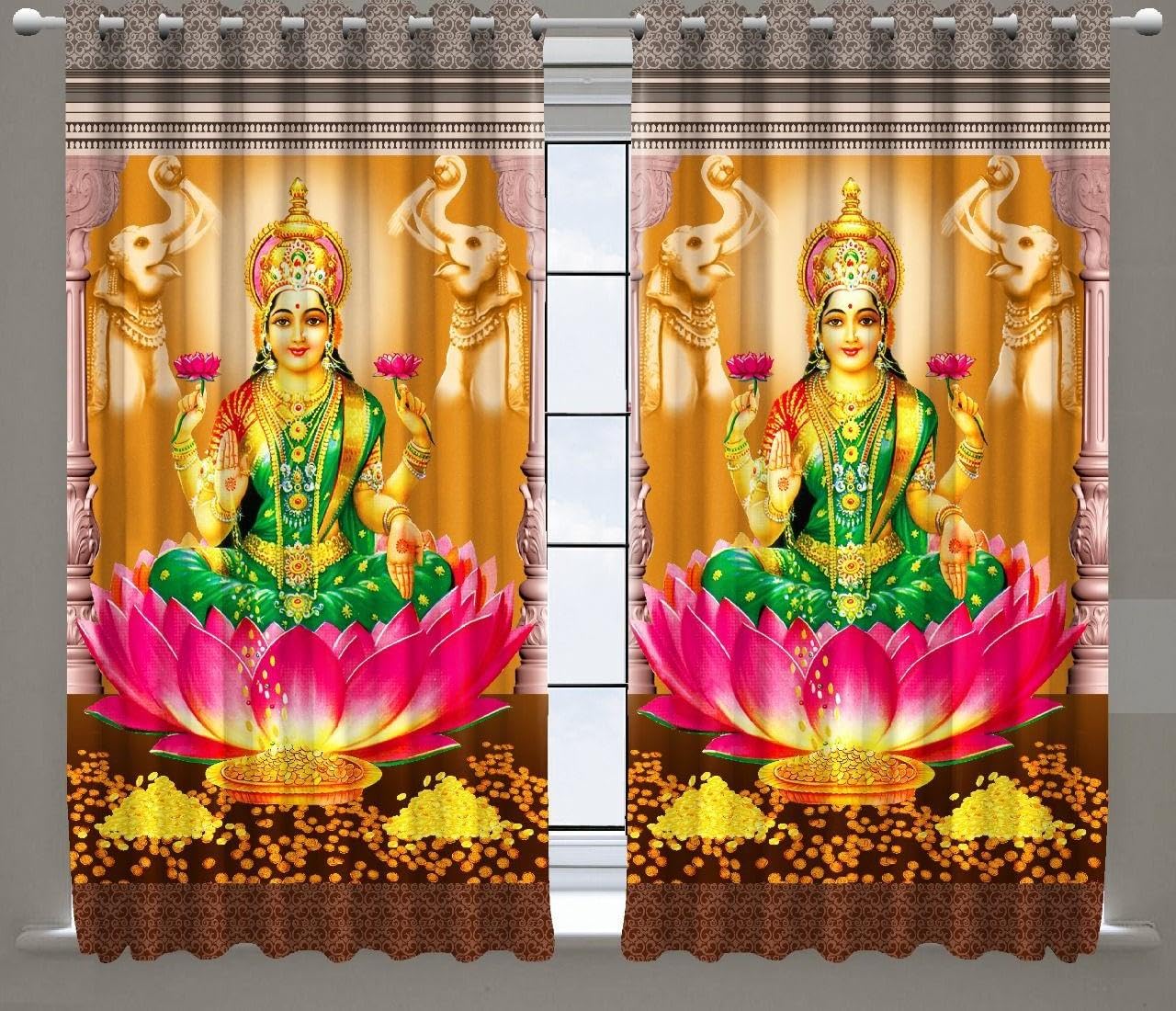 WO FLORA 3D Digital God Curtains for Poojaroom Luxmi MATA Temple Curtain for Poojaghar/Mandir Parde 9 feet Long Set of 2 Pcs for Long Door