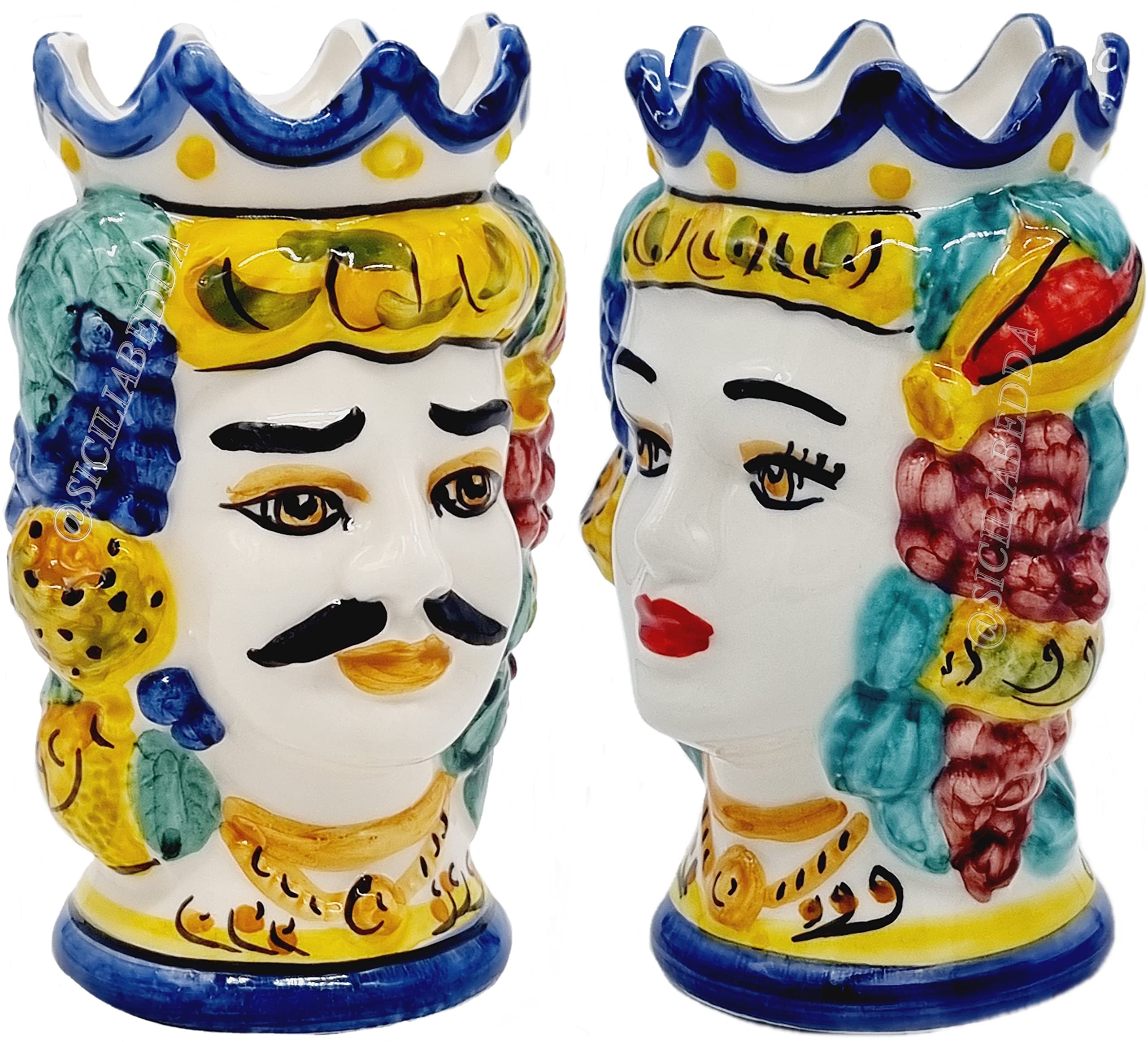 sicilia bedda - Coppia TESTE DI MORO SICILIANE in CERAMICA DI CALTAGIRONE - Realizzate a Mano - H Centimetri 13 - Bellissimo Complemento d'Arredo
