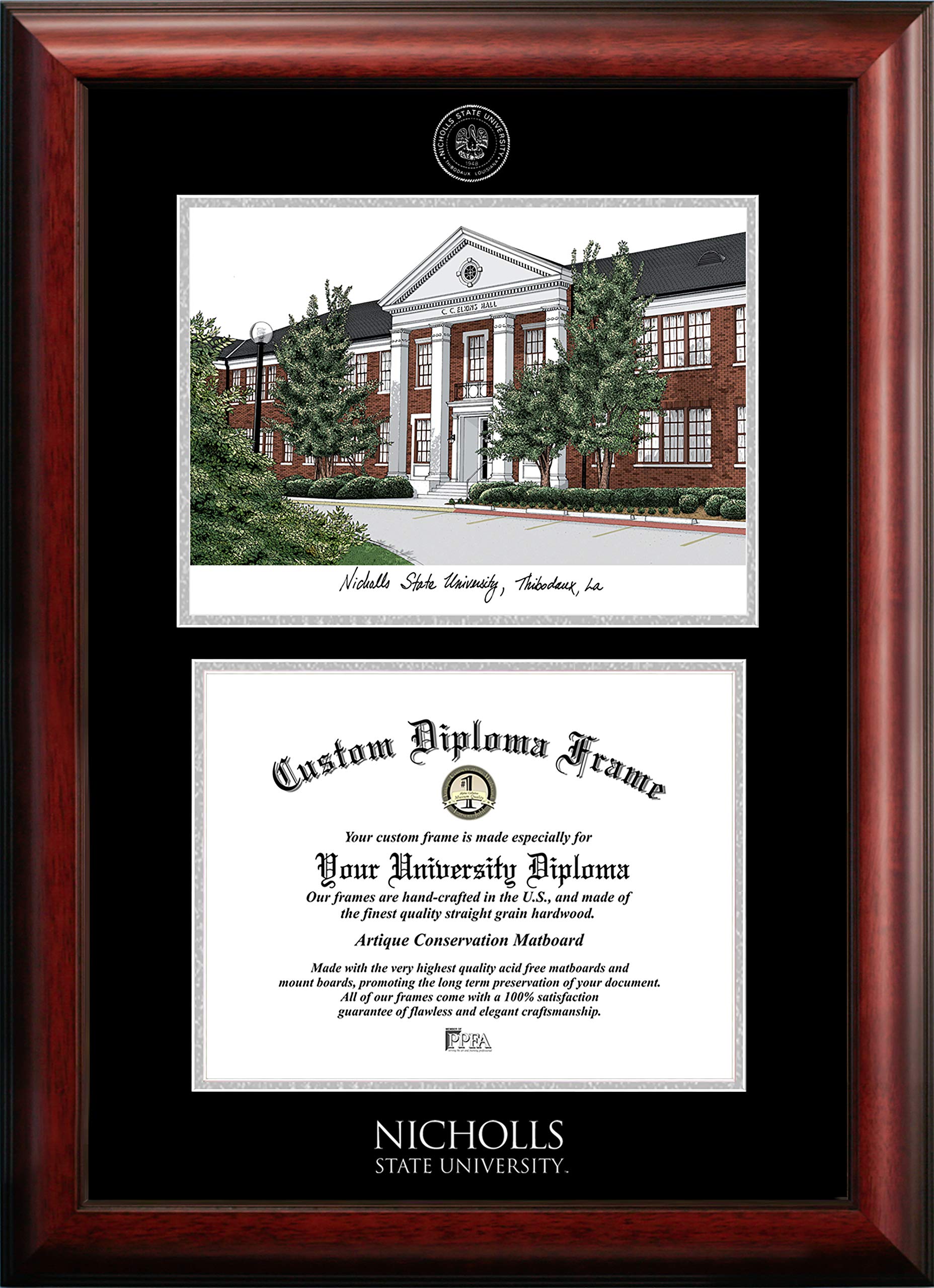 Campus Images NCAA Nicholls State Colonels Unisex Silver Medallion Frame Nicholls State University 11w x 8.5h Silver Embossed Diploma Frame Lithograph, Brown, One Size