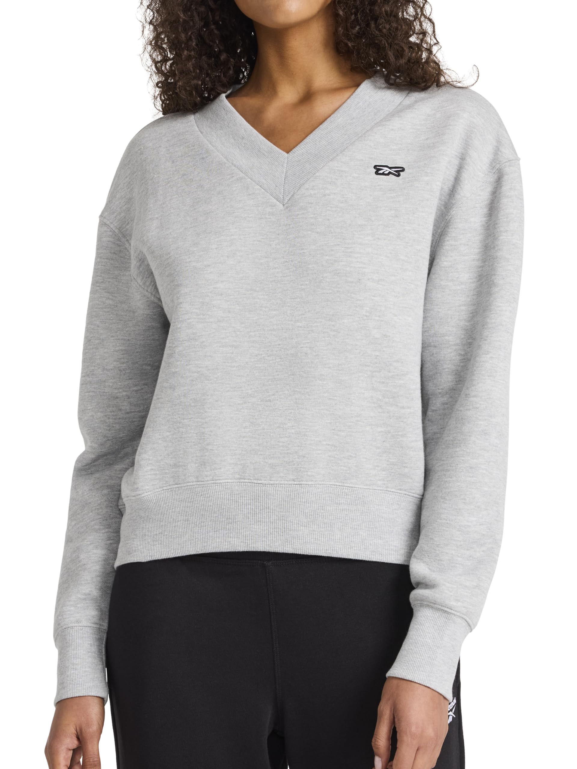 Reebok Women's Grey Heather Apparel Collegiate V-Neck Sweatshirt, Standard Fit, Midweight Cotton-Poly Fabric, Xl