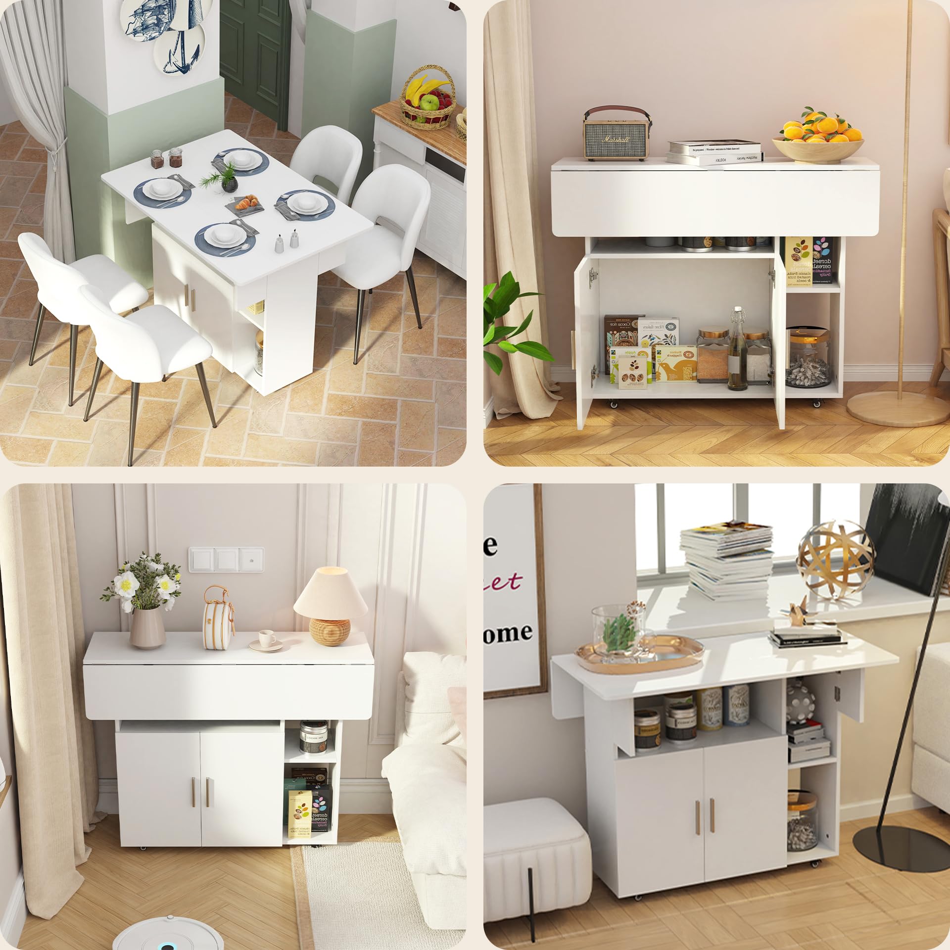 Mesa Plegable Cocina Móvil para Comedor Salón Escritorio, Blanco | 100x70x78cm Mesa Comedor Plegable con Amplio Espacio de Almacenamiento, Ruedas Giratorias y con Bloqueo, para 2-4 Personas