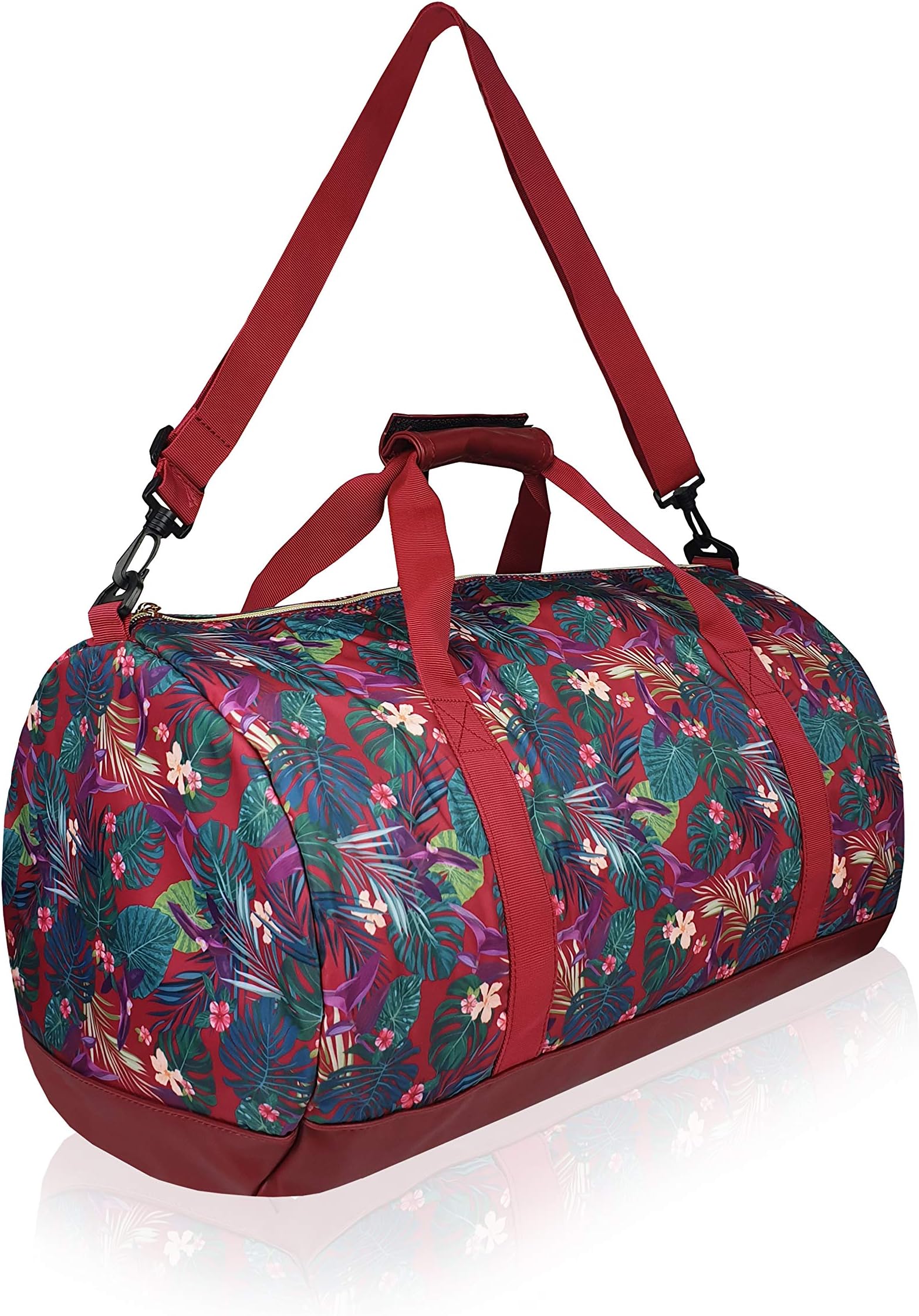Ladies Duffel Holdall - Floral Tropical Flowers Print Bag – 50 cm 30 litres, Jazzi by Quenchy London Red
