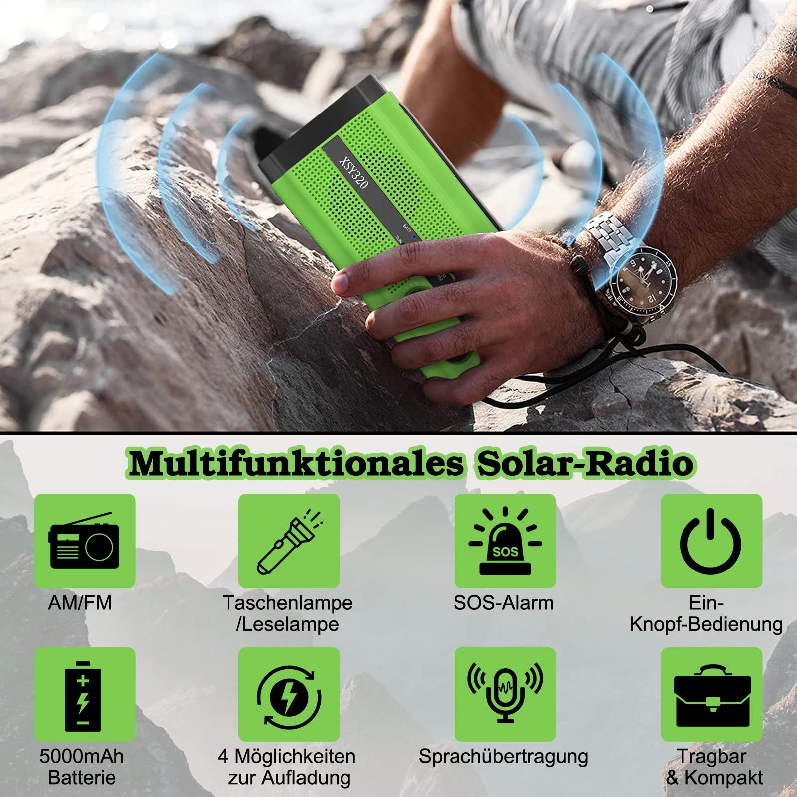Radio Solar, Radio Portátil con Manivela y Dinamo Am/FM, Batería Recargable Incorporada de 5000mAh, 3 Modos de Linterna LED, Lámpara de Lectura LED, Alarma SOS para Emergencias, Outdoor (Verde)