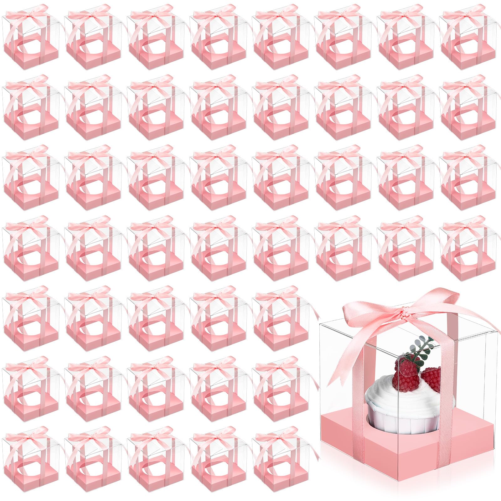 Thenshop 50 Pcs Clear Cupcake Boxes Individual 3.5 Inch, Pink