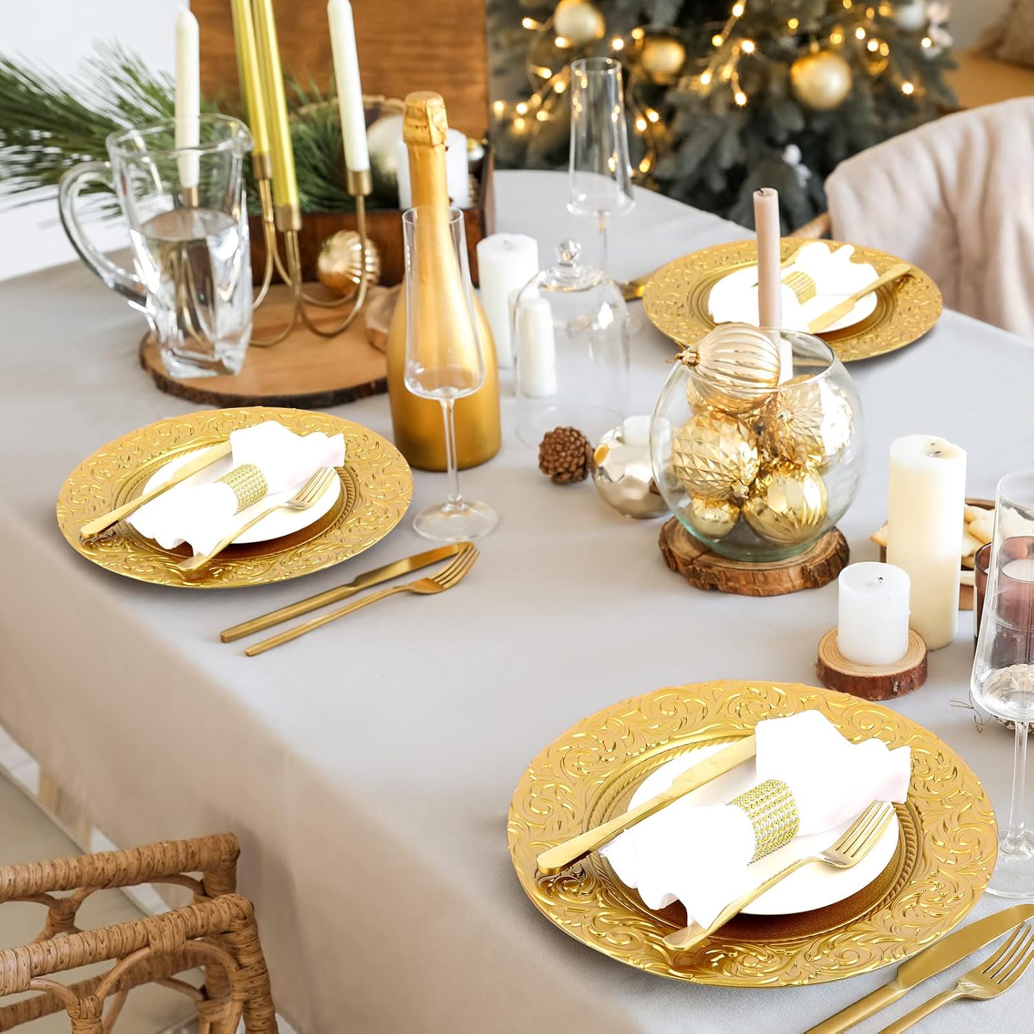 Uiifan 12 Pcs Gold Charger Plates Bulk 13'' Antique Plastic Plate Chargers Decorative Round Dinner Plates Embossed Rim Serving Plate for Wedding Party Holiday Event Catering Tabletop Decoration