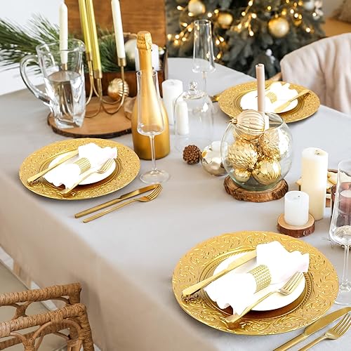 Miniatura 6 de Uiifan Platos de carga antiguos a granel de plástico en relieve de 13 pulgadas, platos florales redondos para bodas, cargadores decorativos para