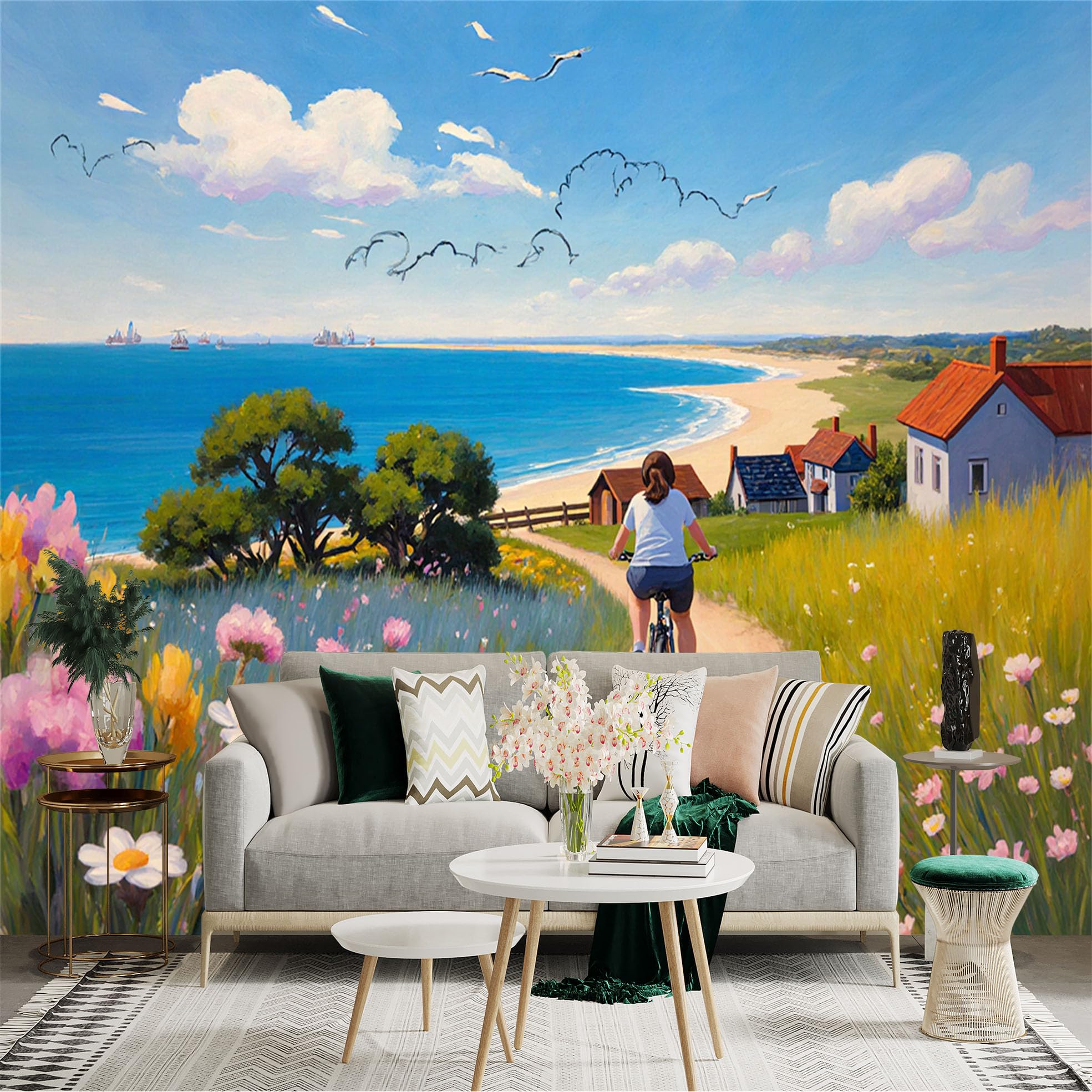 Lnzczhyre Xc260505314 Custom Size Wall Sticker Mural， Person Cycling On Coastal Path， Scenic Ocean View， Wildflowers Field， Summer Beach Landscape， For Wall Decoration， Peelandstick Wall Decals.