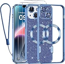 Glitter Magnetic Cover for iPhone 14 with Lanyard, Compatible with MagSafe, Glitter Thin Silicone TPU Shockproof Case for iPhone 14 with 2 Tempered Glass Bumper, Blue