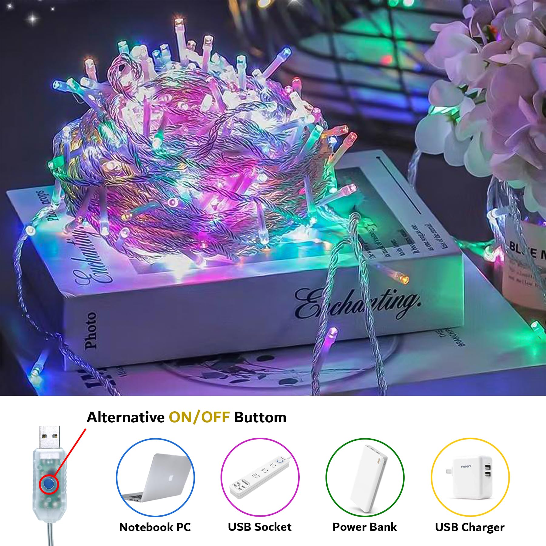 Guirnalda de luces de petardo, 200 LED, luz estrellada, 8 modos USB con control remoto, impermeable, para interiores y exteriores, luces decorativas para camping, dormitorio, boda, fiesta