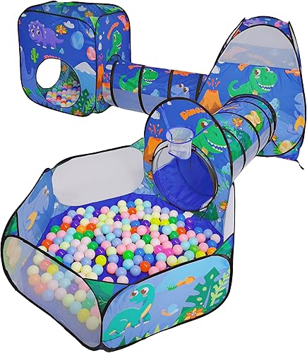 Miniatura 9 de TTLOJ Tienda de campaña de dinosaurio para niños de 3 piezas con hoyo de bolas, túnel de gateo, castillo de juguetes para niños pequeños, regalo