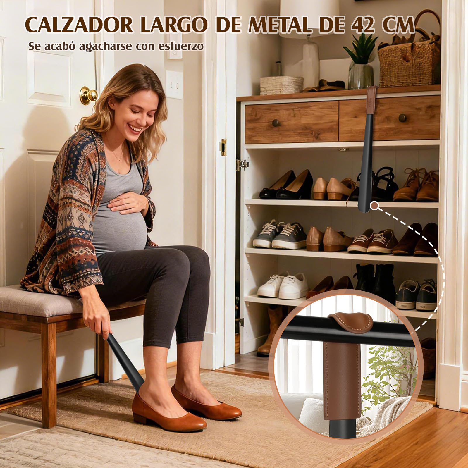 ZOMAKE Calzador de Acero Inoxidable Largo 42CM - Metalico Calzadores Largos Mango de Cuero Para Mujeres Embarazadas y Personas de La Tercera Edad(1 Pieza Negra A)