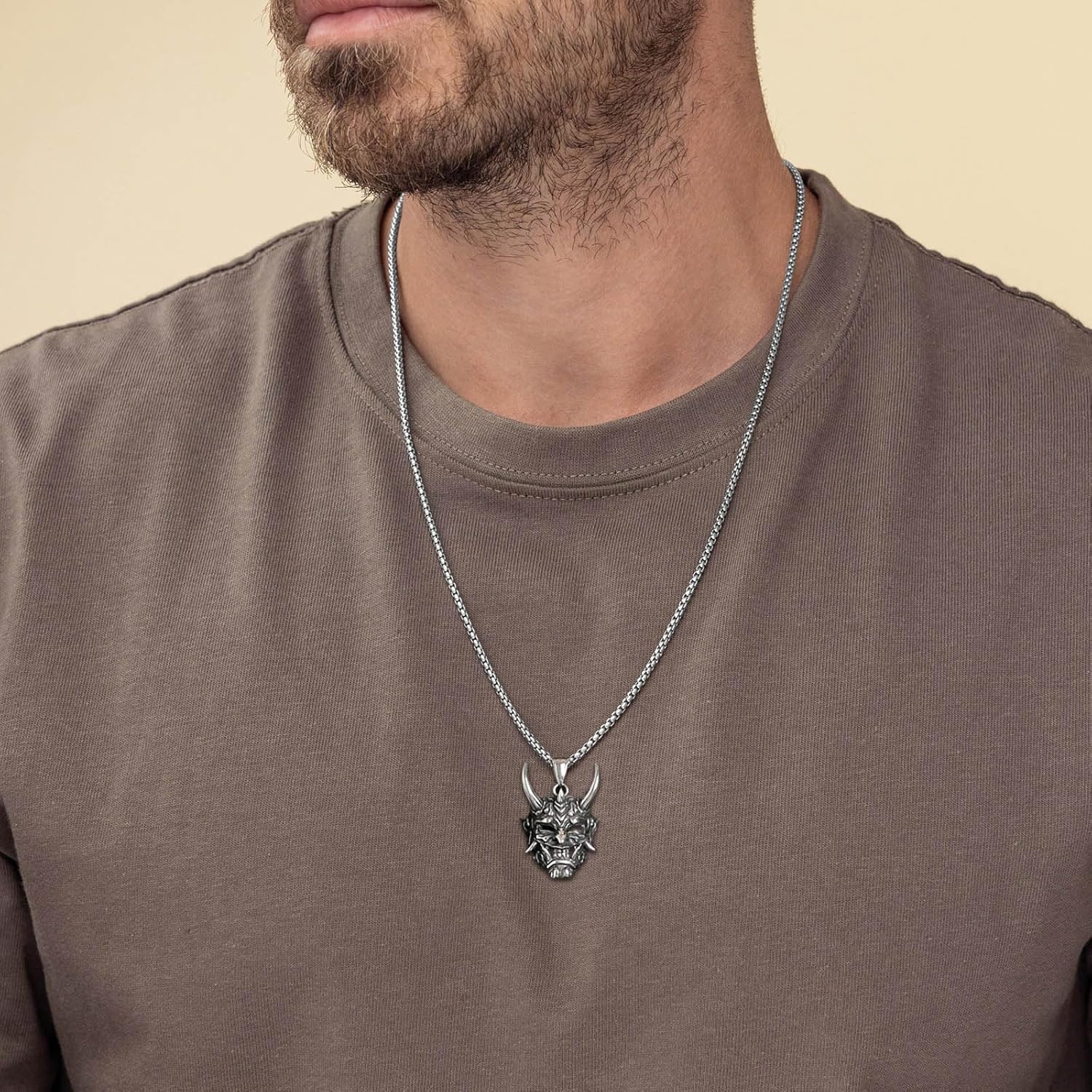 HZMAN Gothic Necklace for Men Prajna Mask Stainless Steel Silver Evil Demon Ghost Horn Skull Pendant - Image 2