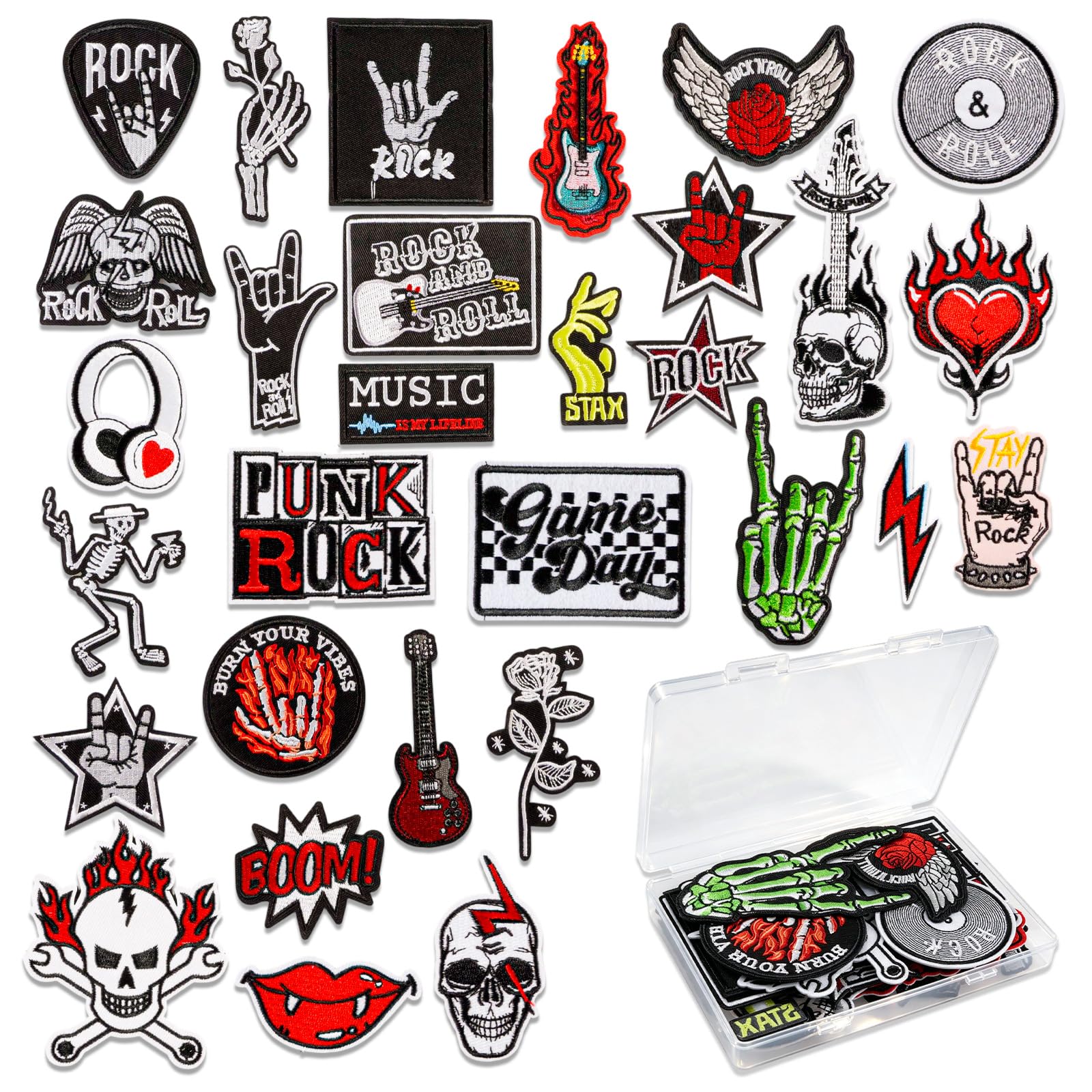 NAESM 30 Pcs Punk Rock Iron-on Patches, Music Skull Embroidered Appliques, Rock Band Patches, for Jackets, Clothing, Jeans, Hats, DIY Accessories