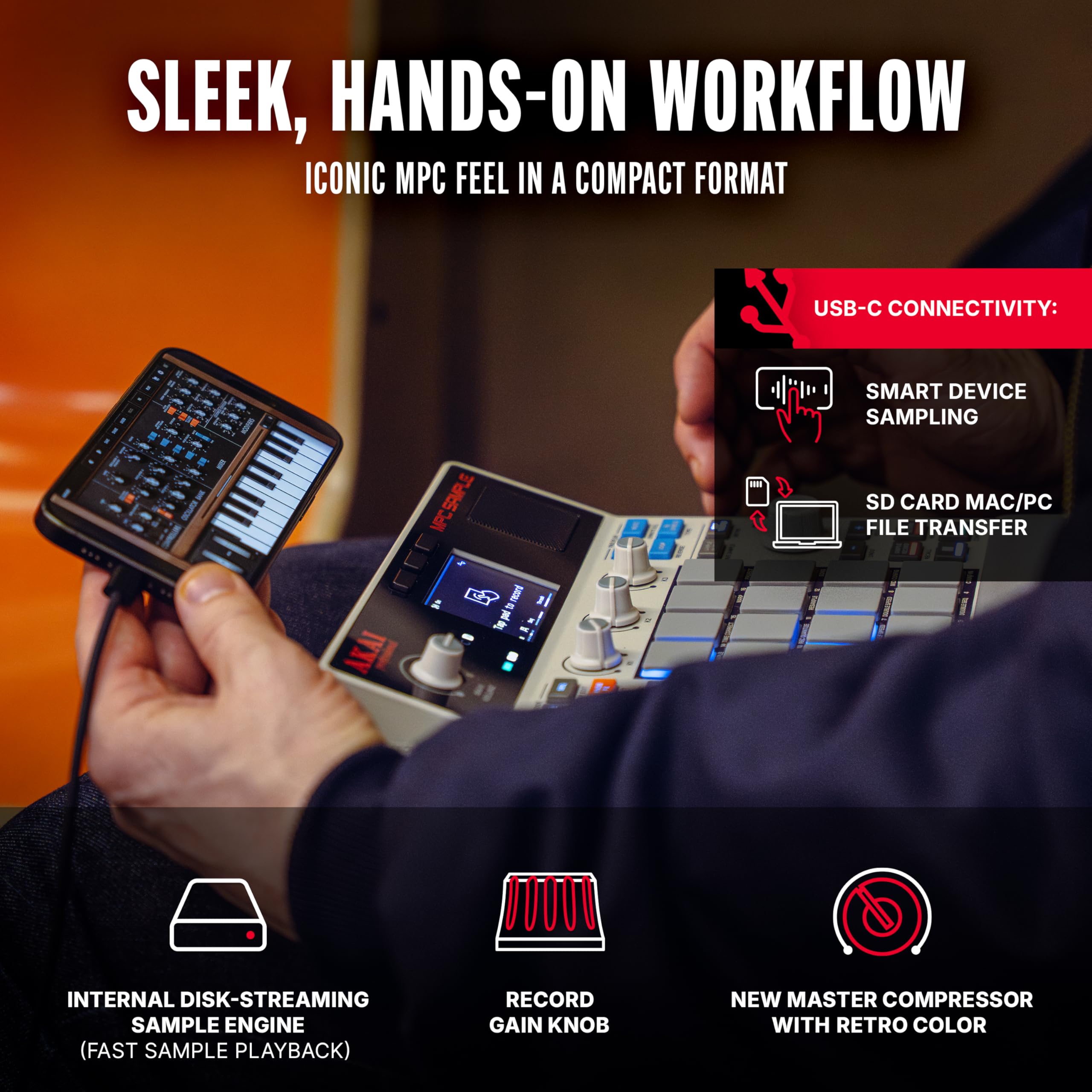 Akai Professional MPC Sample Przenośny Sampler | Tryb Samodzielny, Akumulator, USB‑C, Głośnik, Mikrofon, Do Samplowania, Sekwencjonowania i Produkcji Muzycznej