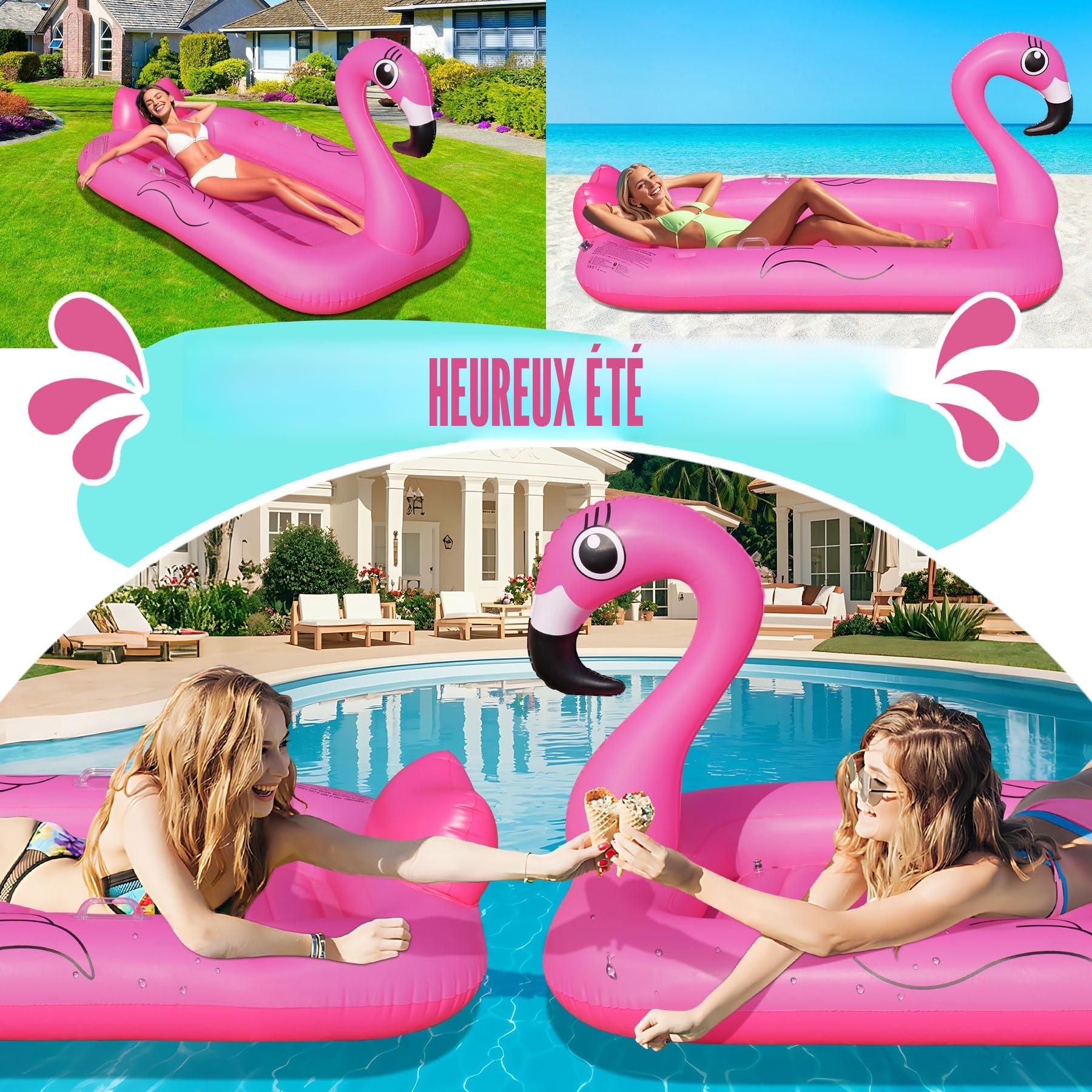 DeeprBling Matelas Piscine Gonflable Flamant Rose, Bouée Piscine Adulte épais avec Poignée, Porte-Boisson et Porte-Téléphone, Matelas Gonflable Bronzage Flamant Rose, Piscine de Bronzage pour Adultes
