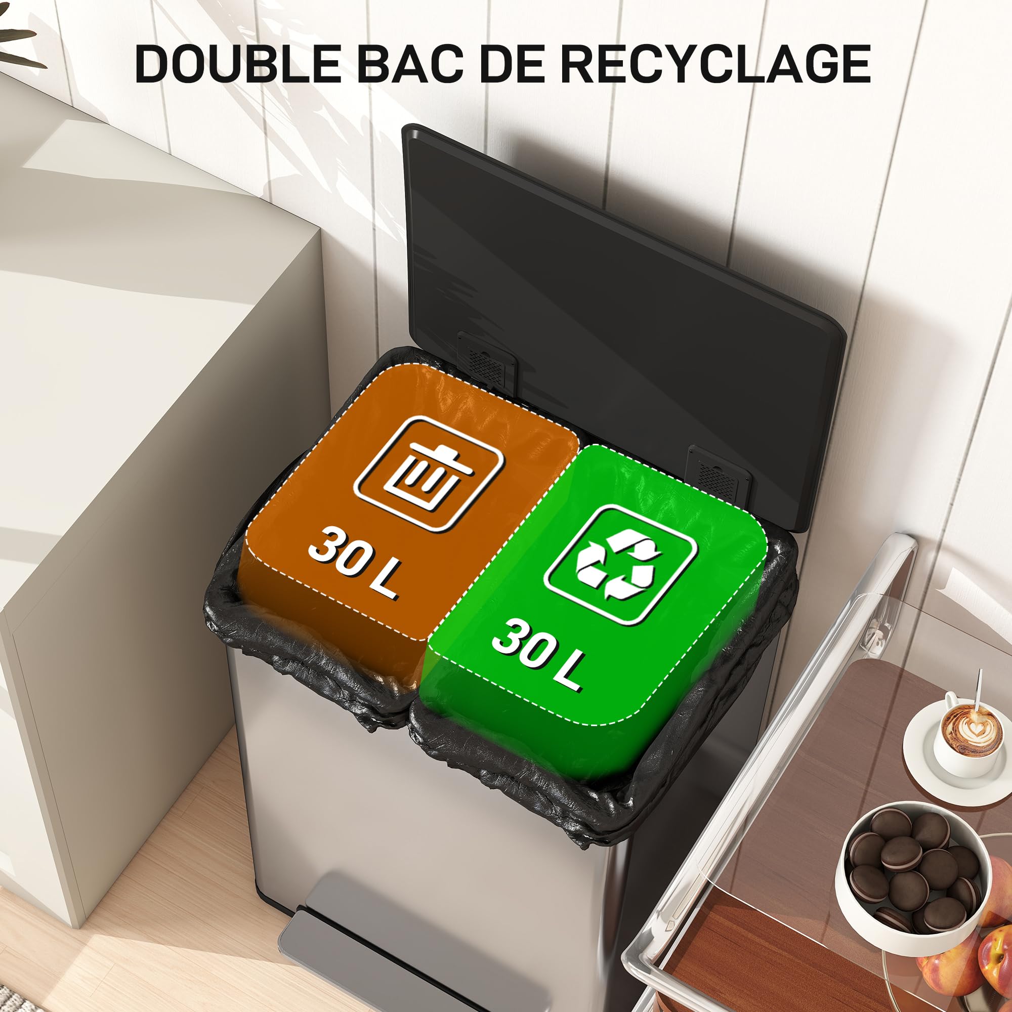 HOMCOM Poubelle à double compartiment 2 x 30L, poubelle de cuisine à pédale tri sélectif en acier inoxydable, seaux intérieurs, couvercle à fermeture douce et maintien en ouverture, poignées, argent