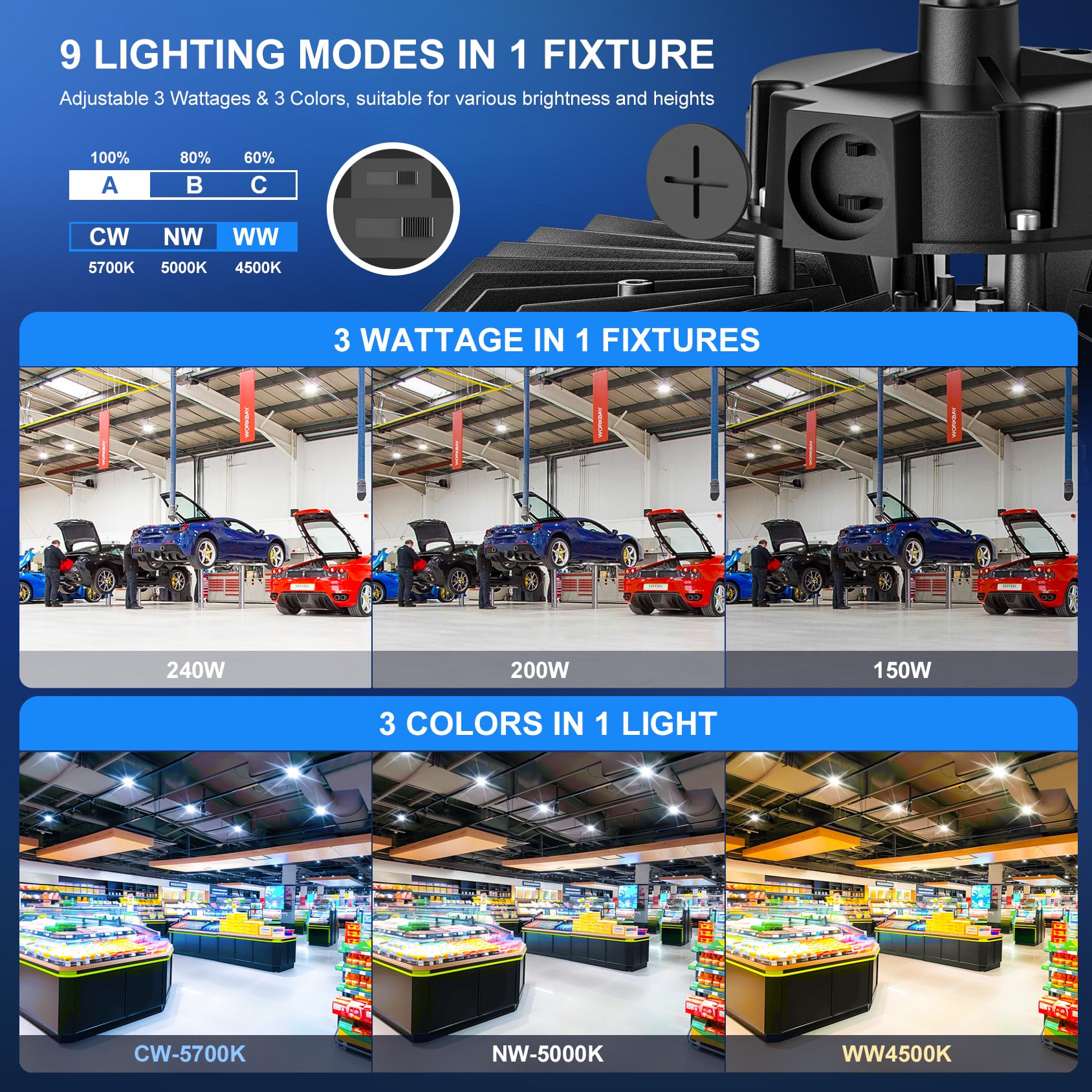 6 Pack UFO LED High Bay Light 240W 200W 150W Adjustable 5700K 5000K 4500K Dimmable DLC ETL LED — view 4