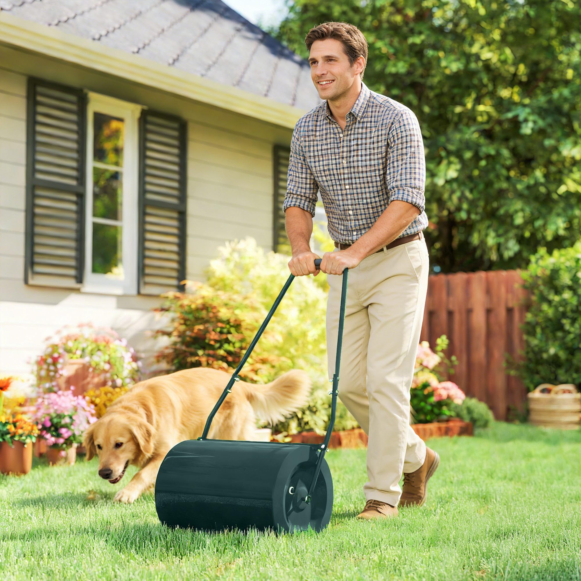 Outsunny Rullo per Prato da 30L di capacità con Maniglia Imbottita, Rullo Giardino in Acciaio Riempibile con Acqua/Sabbia, 102x50x30 cm, Verde Scuro