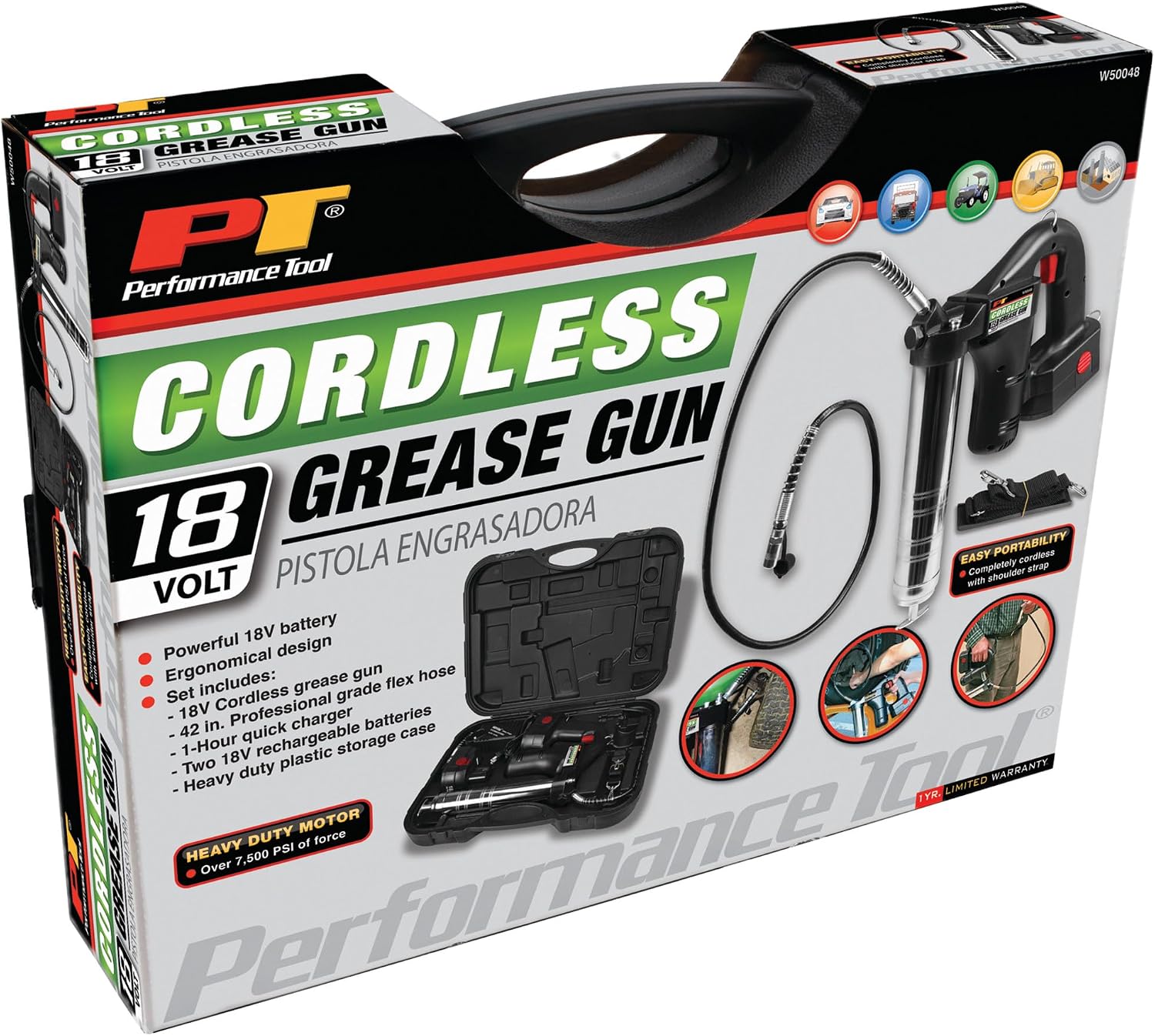 Performance Tool W50048 18-Volt Cordless Grease Gun retail packaging
