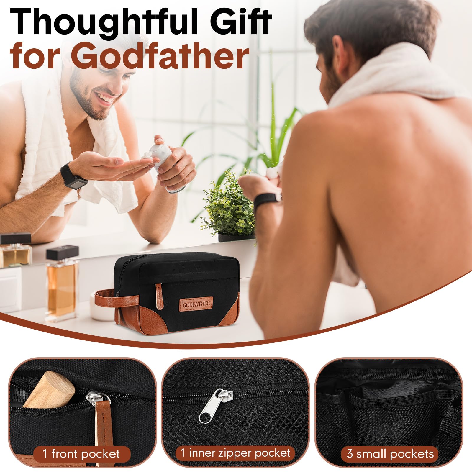 Honeydak 3 Pack Godfather Gift Set for Men Includes Whiskey Glass Funny Godfather Socks and Toiletry Bag with Leather Patch Birthday Proposal Gift from Godchild