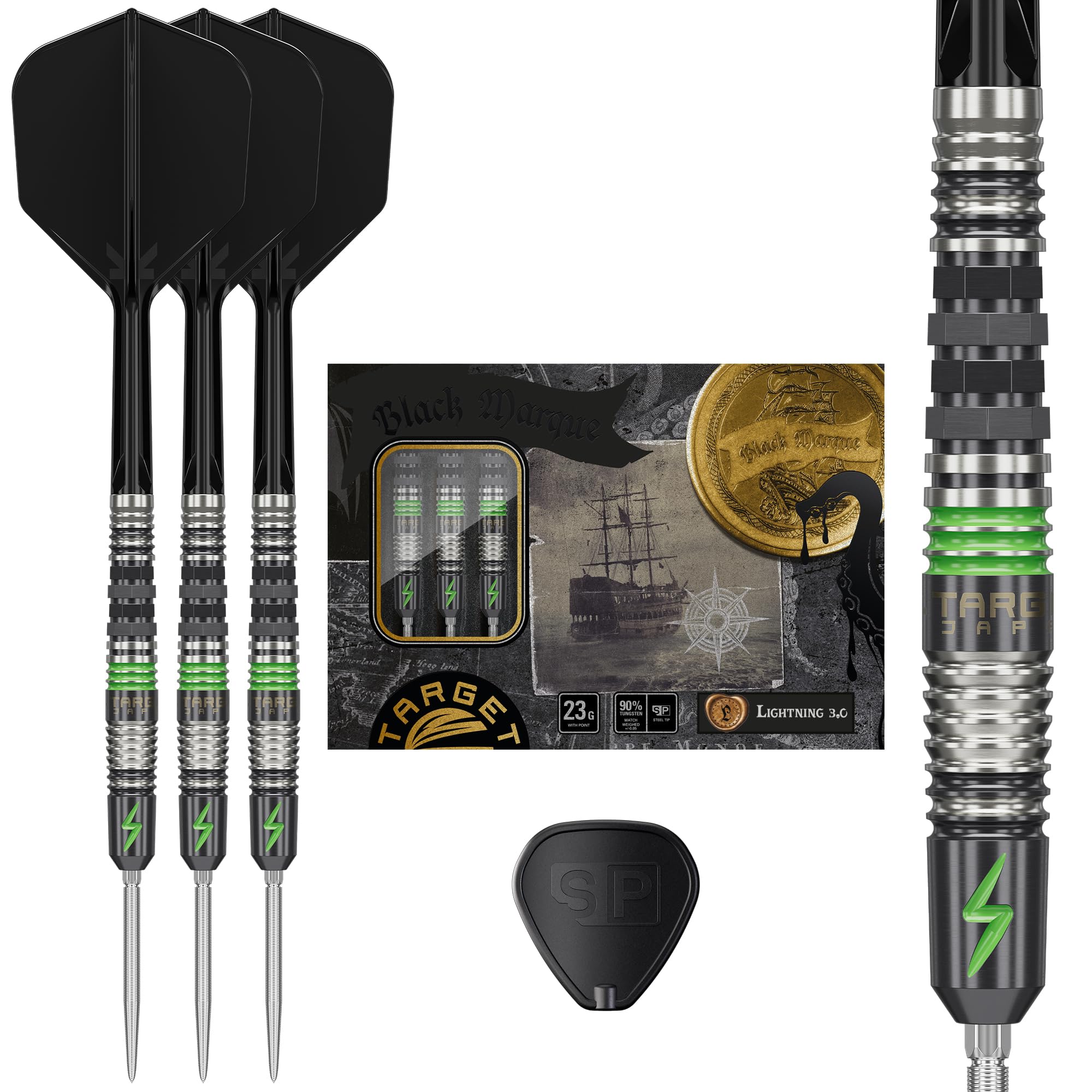 Target Japan Black Marque Lightning 3.0 Swiss Point Steel Tip Darts with Kflex, 23G | Chris Lim 90% Tungsten Dart Set, K-Flex Flights and Shafts, Swiss Nano Points with Tool