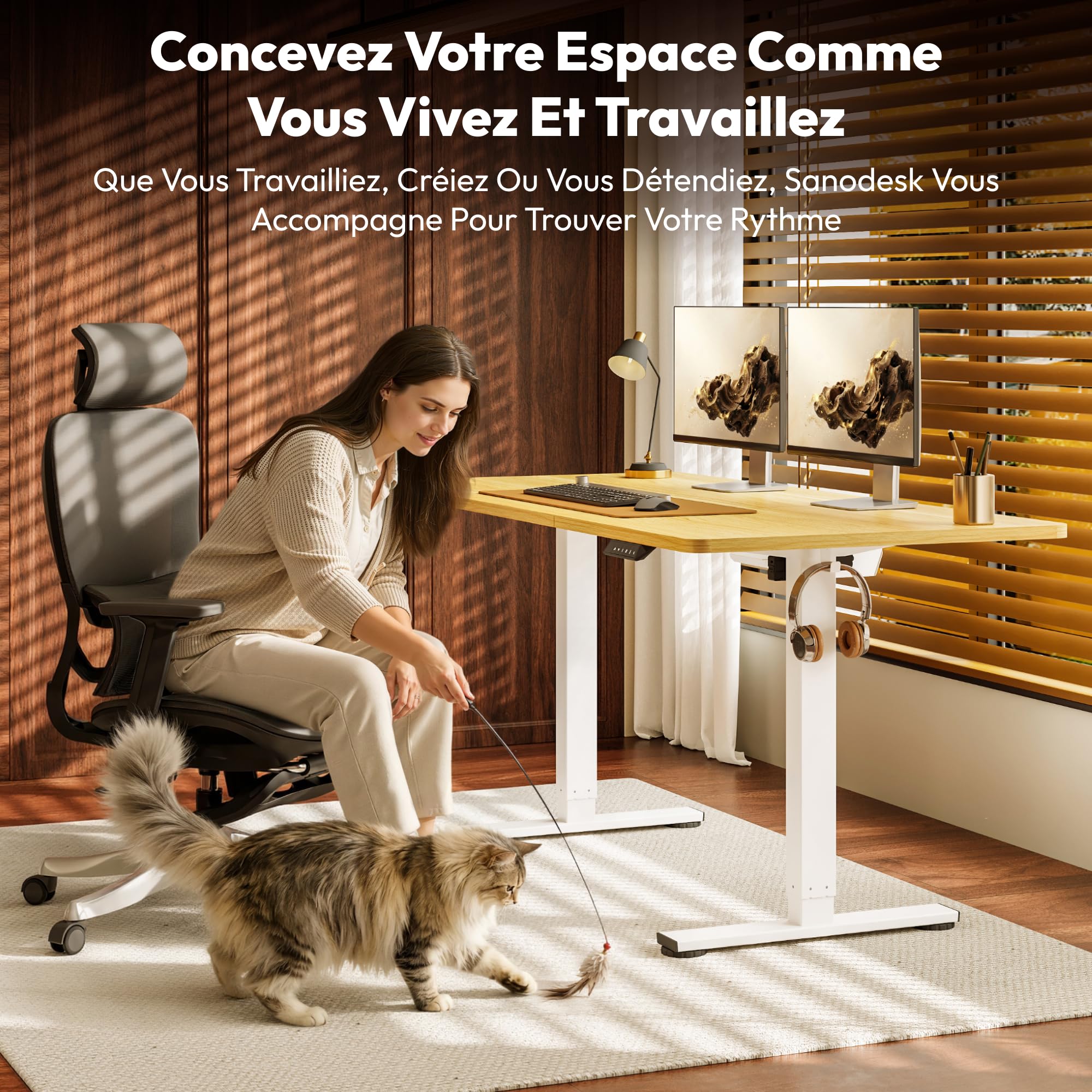 SANODESK Bureau Assis Debout Électrique 140x60 cm, Bureau Réglable en Hauteur Électrique avec Mémoire, Silencieux, Système Anti-Collision, Bureau Électrique Stable, Érable