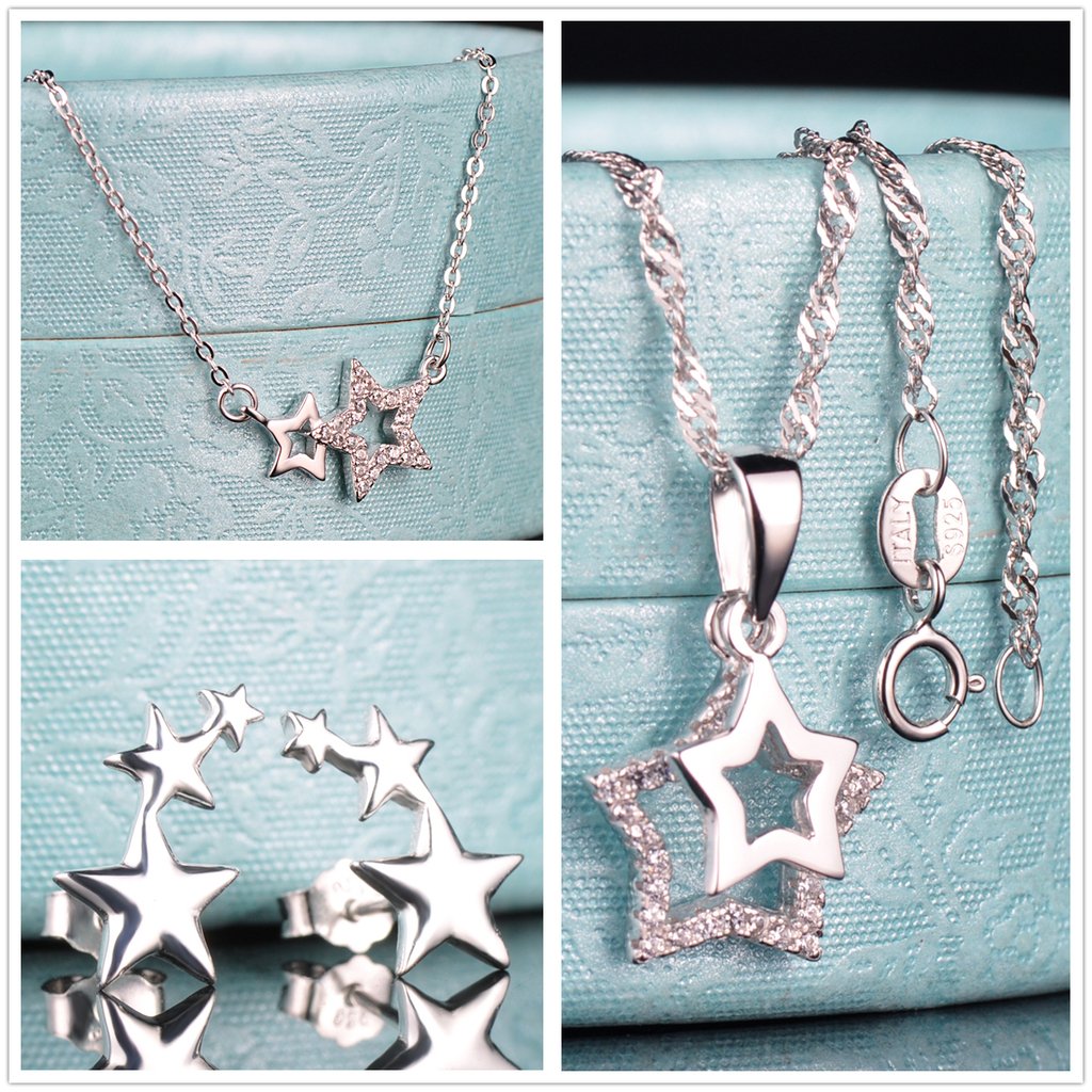 Yumilok 925 Sterling Silber Zirkonia Sterne Halskette Charm-Armband Ohrstecker Schmuck Set Armkette Ohrringe Kette mit Anhänger Set für Damen Mädchen