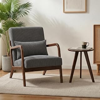 Accent Chair with Side Table, Mid Century Modern Upholstered Fabric Armchair with Lumbar Pillow for Living Room Bedroom,