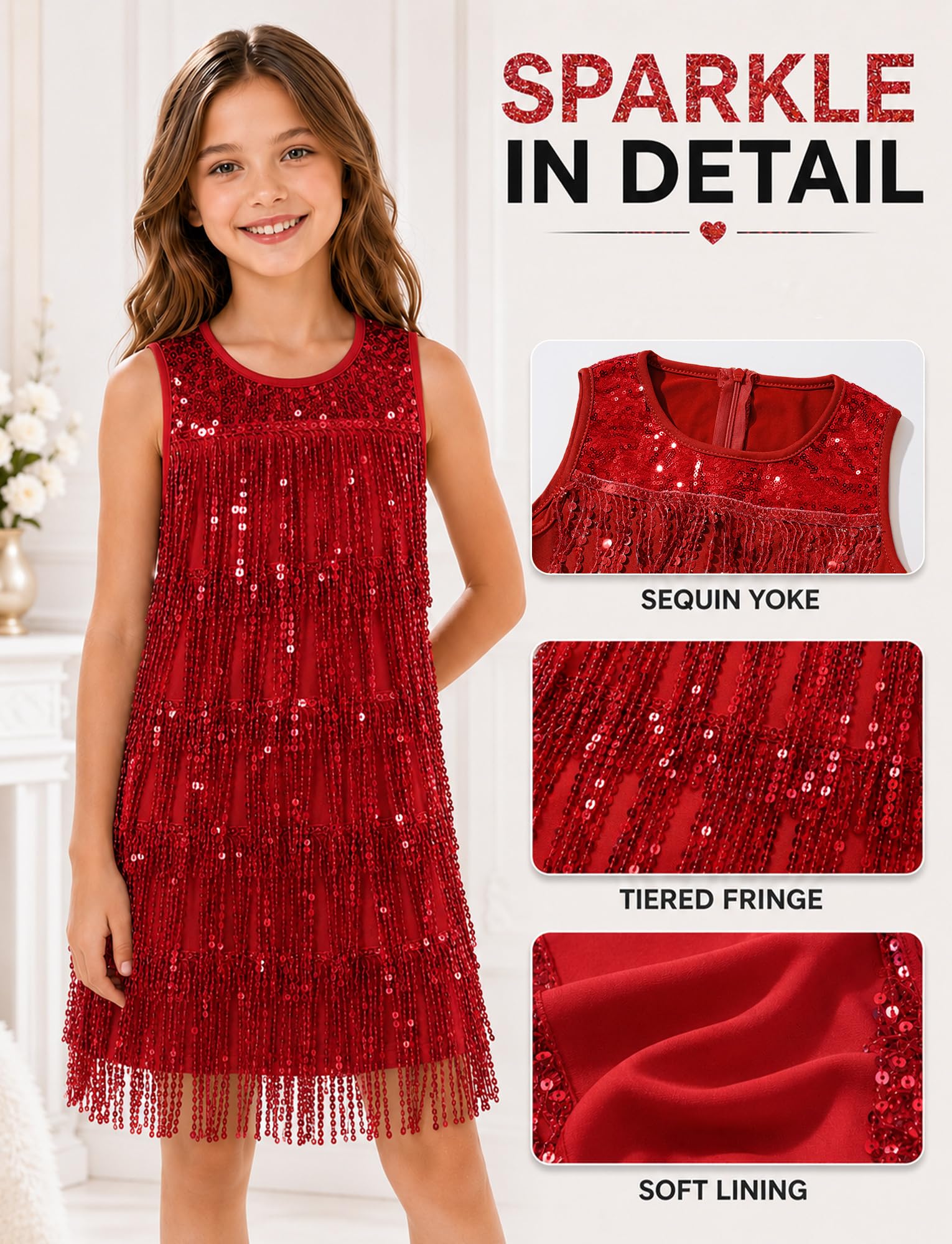 FEOYA Vestido De Lentejuelas Sin Mangas Para Niñas Brillo América Vestido De Baile En 1920 Lentejuelas Flecos Vestido De Fiesta De Estilo Vintage 3-13 Años