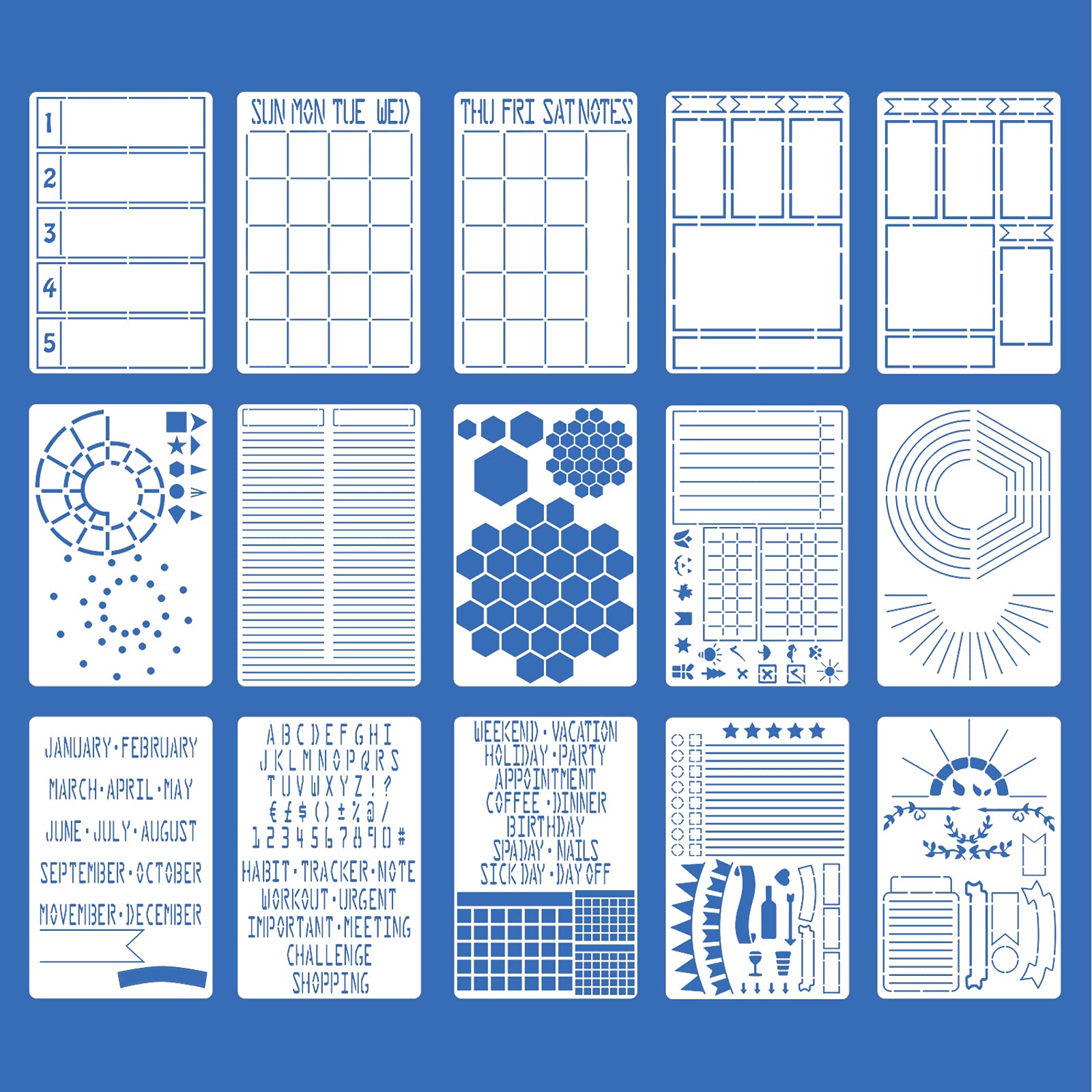 Angoo Journal Stencil, 15pcs Stencils Bullet Journaling Supplies,Journal Stencils, Journal Stencil, Planner Stencils, Bullet Journaling Stencil, Stencils for DIY Journals Notebook Schedule(5x7.8inch)