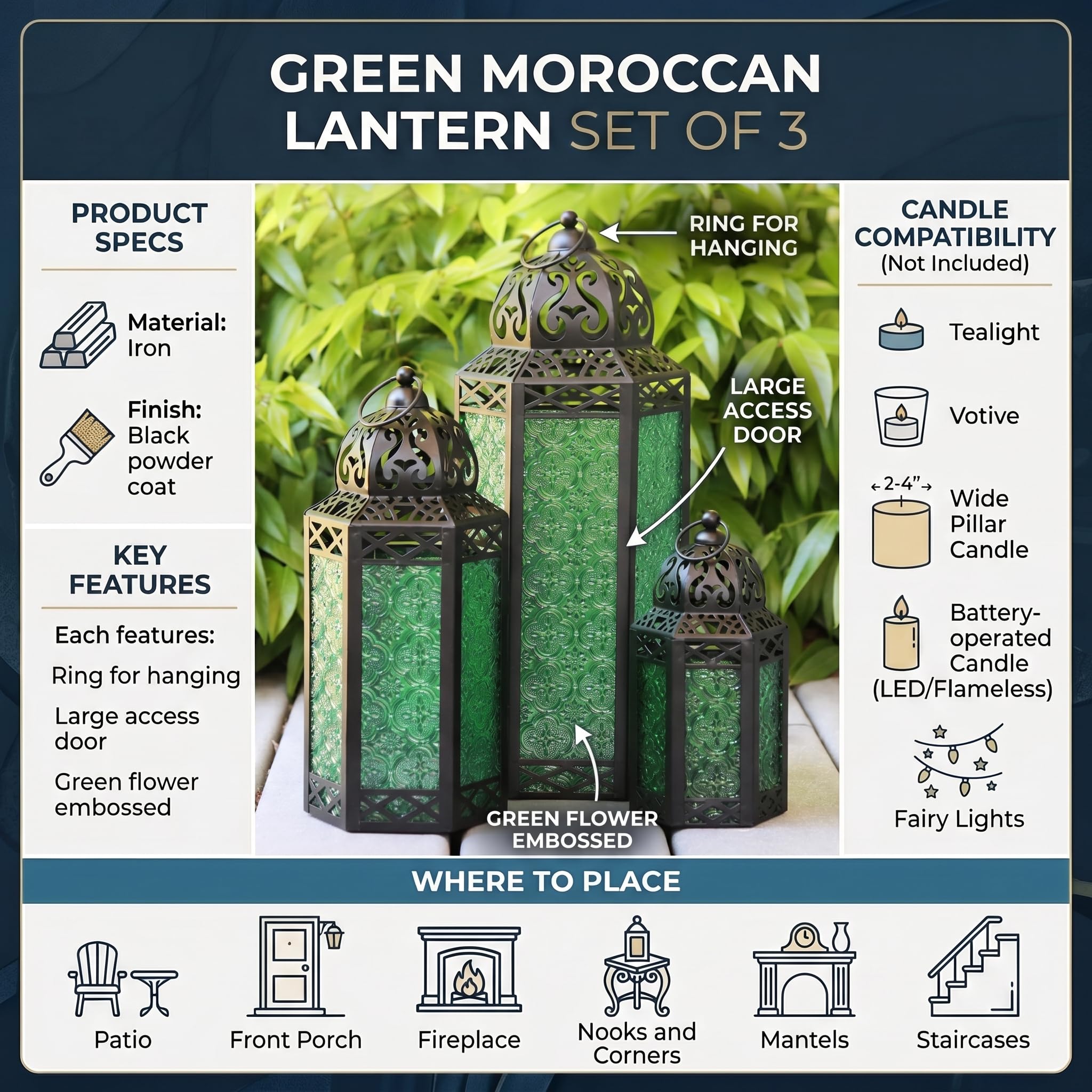 Vela Lanterns Juego de 3 faroles portavelas marroquíes Decorativos para Suelo, decoración de Ramadán, decoración Interior del hogar, Patio al Aire Libre o Porche, Halloween, Bodas, Verde