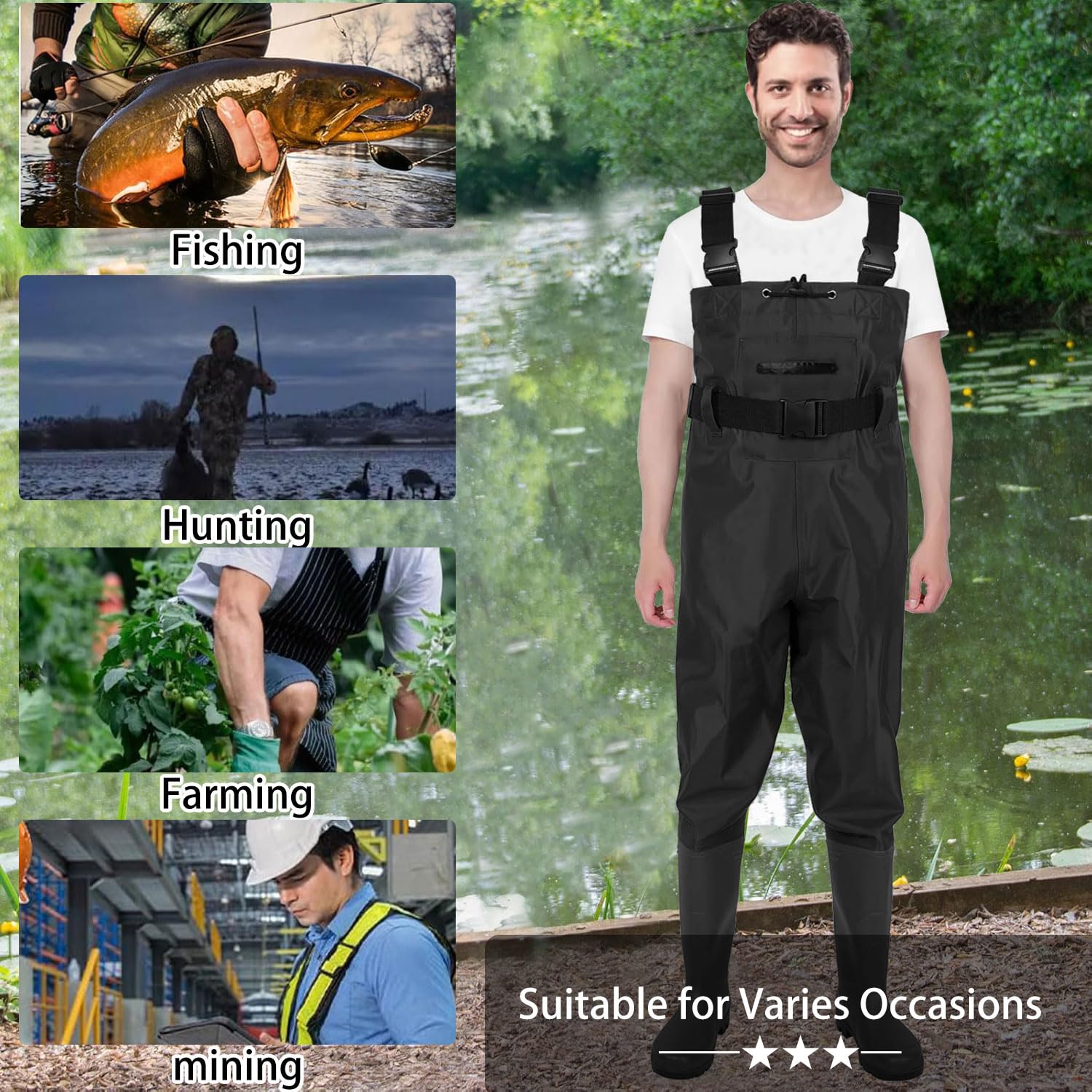 Shengruili Wathose Herren Damen,Anglerhose Wasserdicht mit Stiefel,Wathose mit Verstellbarer Riemen,Atmungsaktive Wasserdicht Watthosen für Baustellen, Angeln, Bauernhöfe