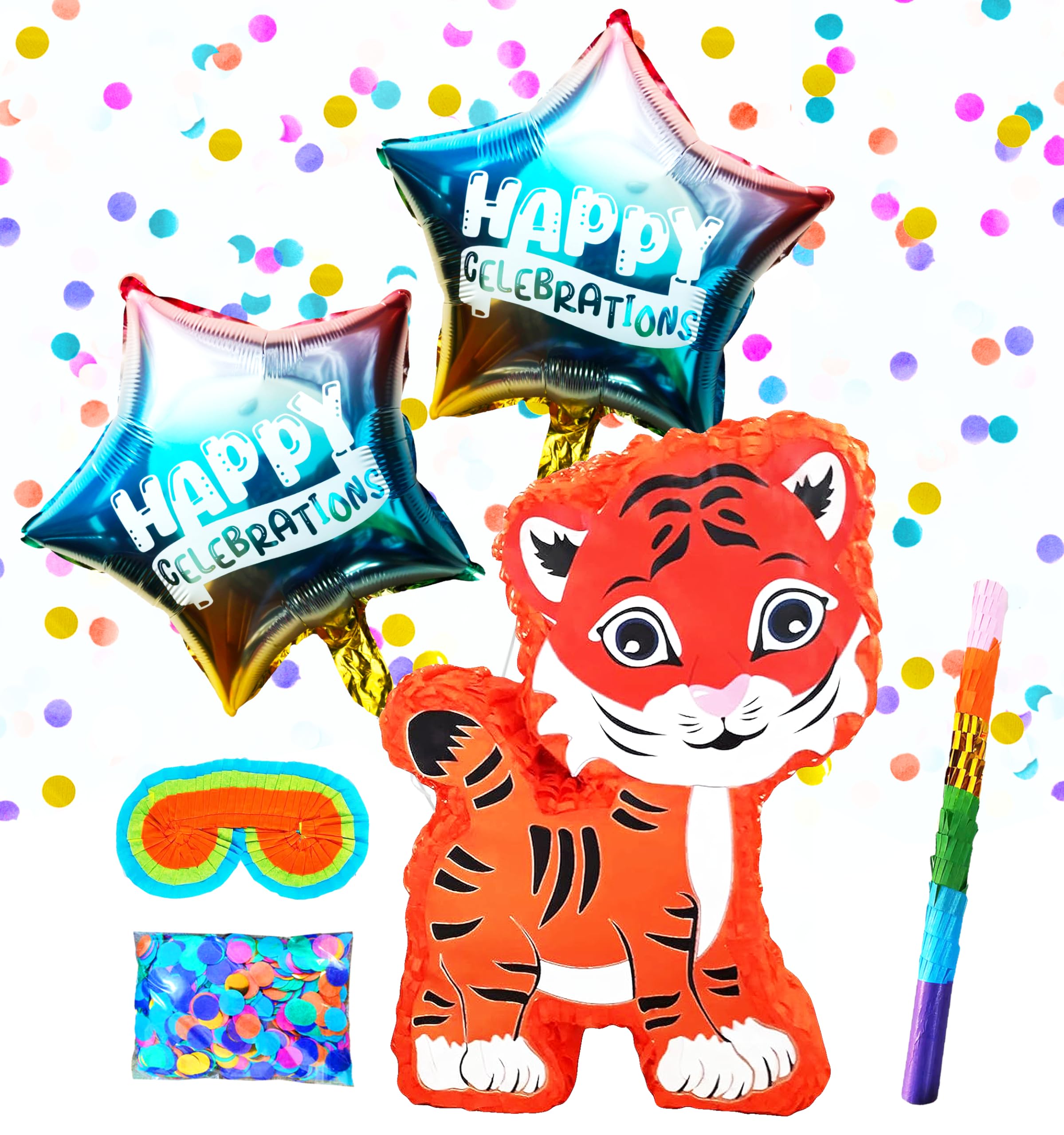Tiger Pinatas For Animal Theme Party Decorations - Perfect for Birthday Celebrations with Buster Stick, Blindfold, Confetti, and 2 Balloons