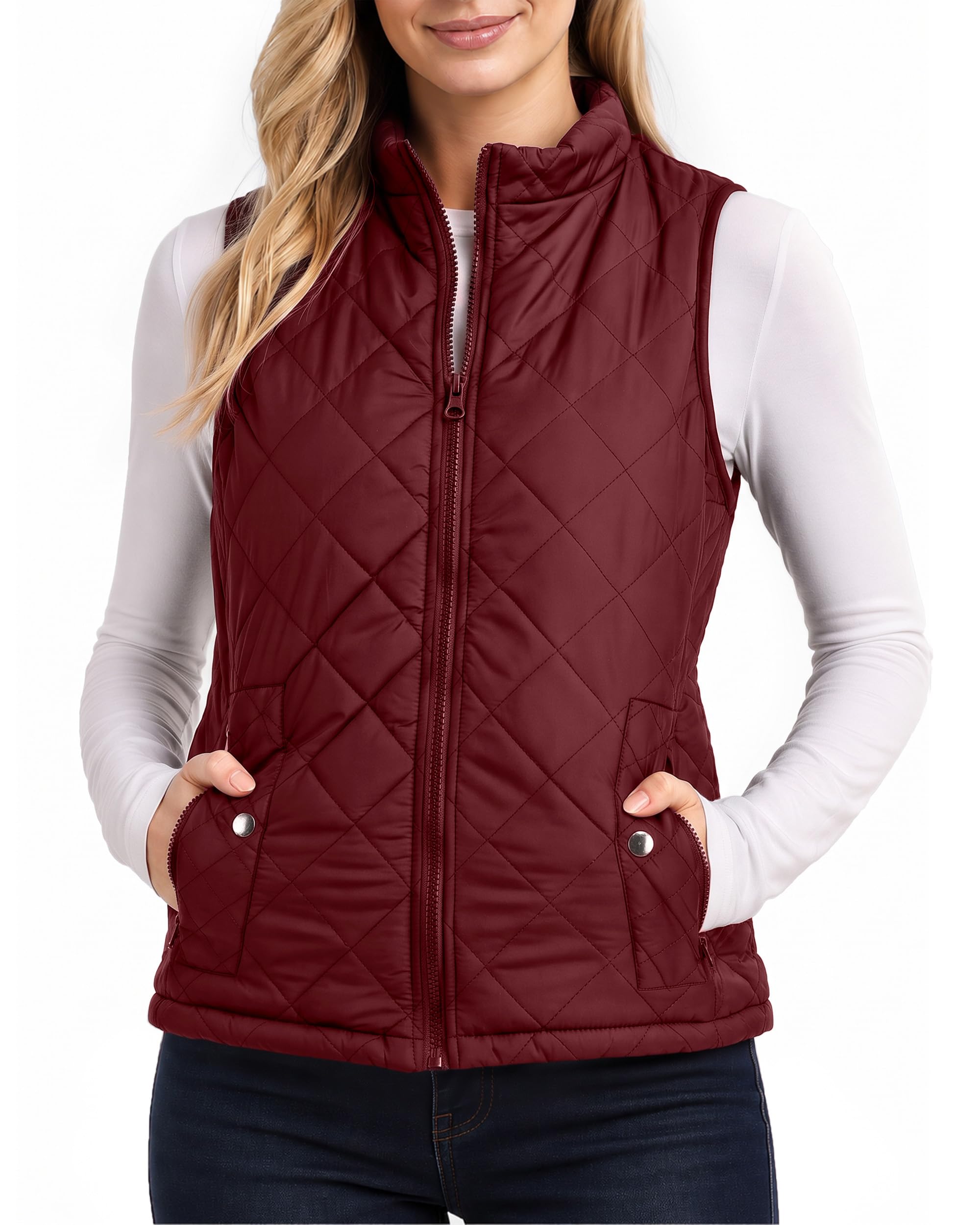 NY Threads Chaleco acolchado para mujer, ajustado, ligero, cuello alto, acolchado, con cremallera