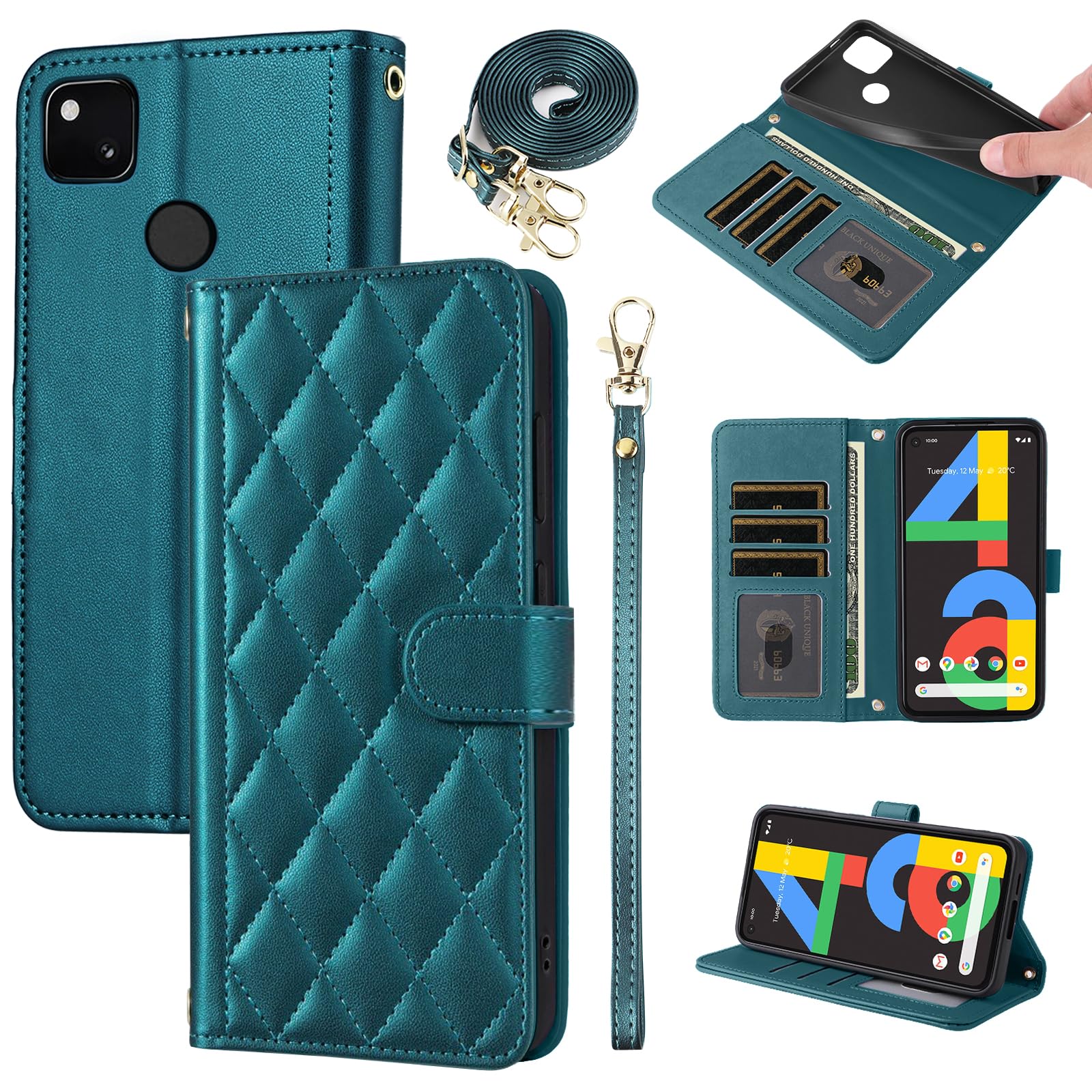 Furiet Argyle Wallet Case for Google Pixel 4a 4G with Wrist Strap Shoulder Strap, Card Slots Folio Purse, Luxury PU Leather Stand Accessories Phone