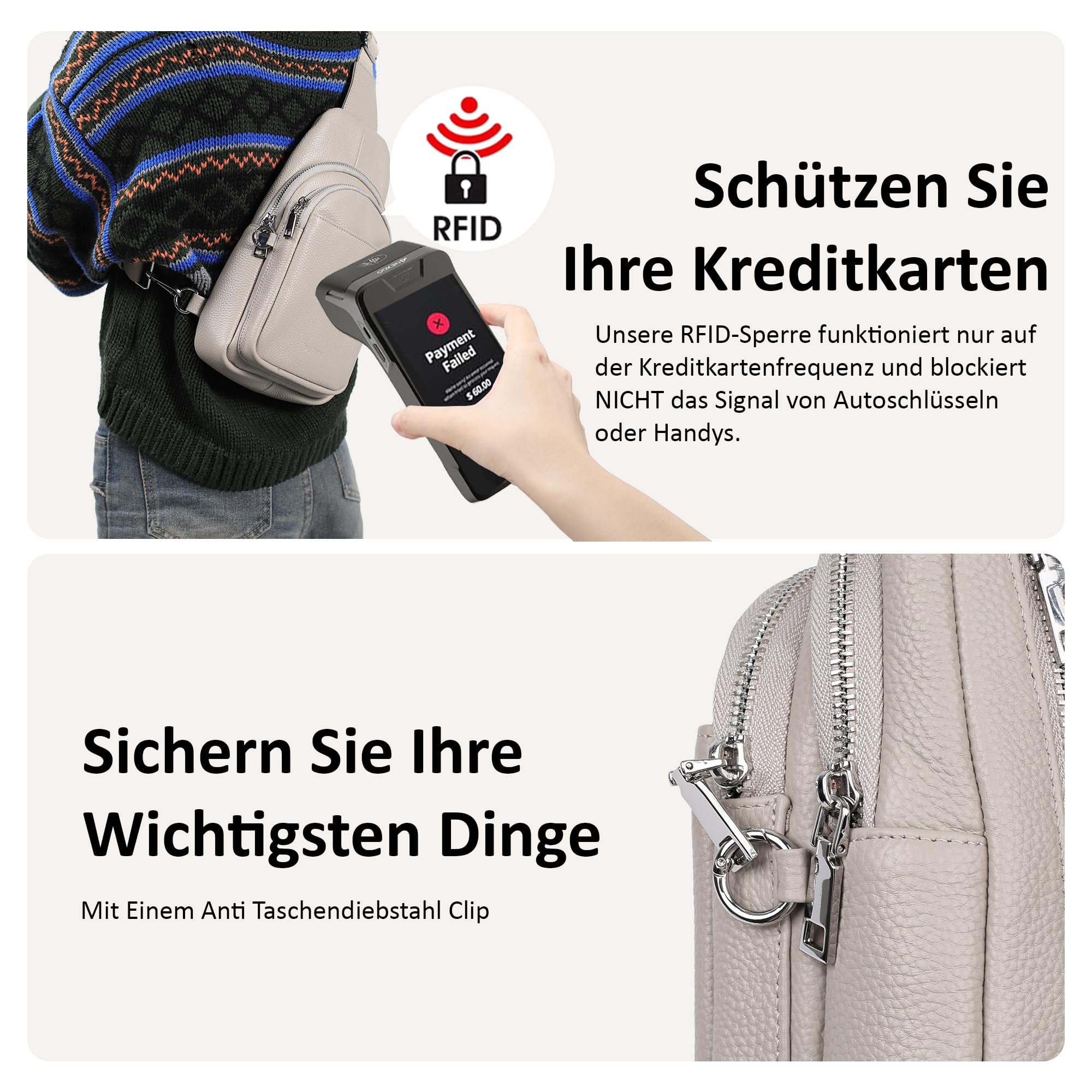 befen Echtleder Brusttasche Damen Klein, Leder Sling Bag Diebstahlsicher | Crossbody Bag Damen RFID-Blockierung Schulterrucksack Vielseitige Umhängetasche für Reisen Sport Arbeiten Einkaufen