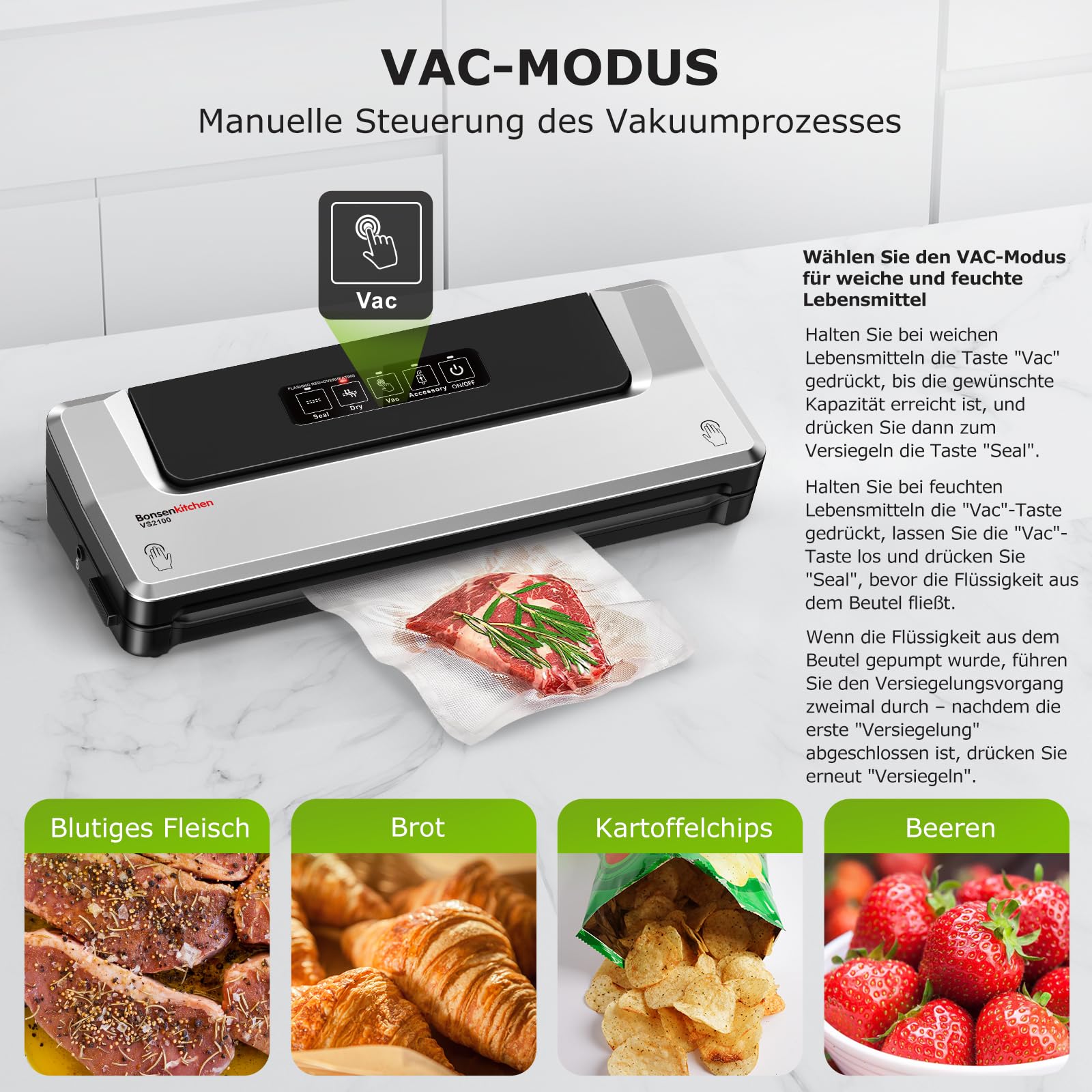 Bonsenkitchen Vakuumiergerät Vakuumierer Folienschweißgerät für Sous Vide Kochen, 5 Vakuumbeutel Inklusive