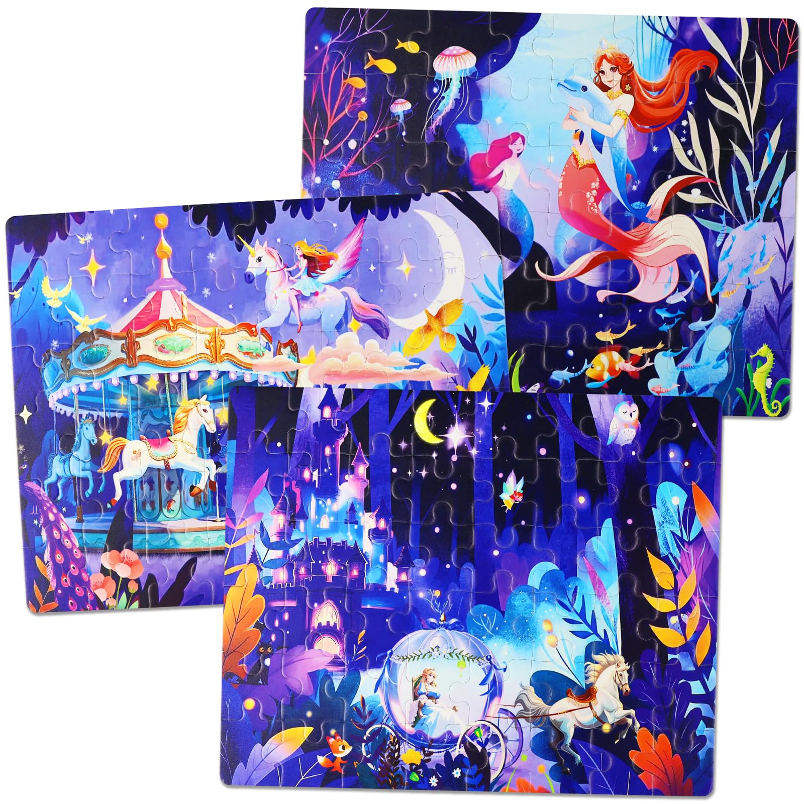 Puzzles for Girls Ages 5 6 7 8 Princess Themes (Carousel/Unicorn/Mermaid, 3 Sets x 48 Pieces)