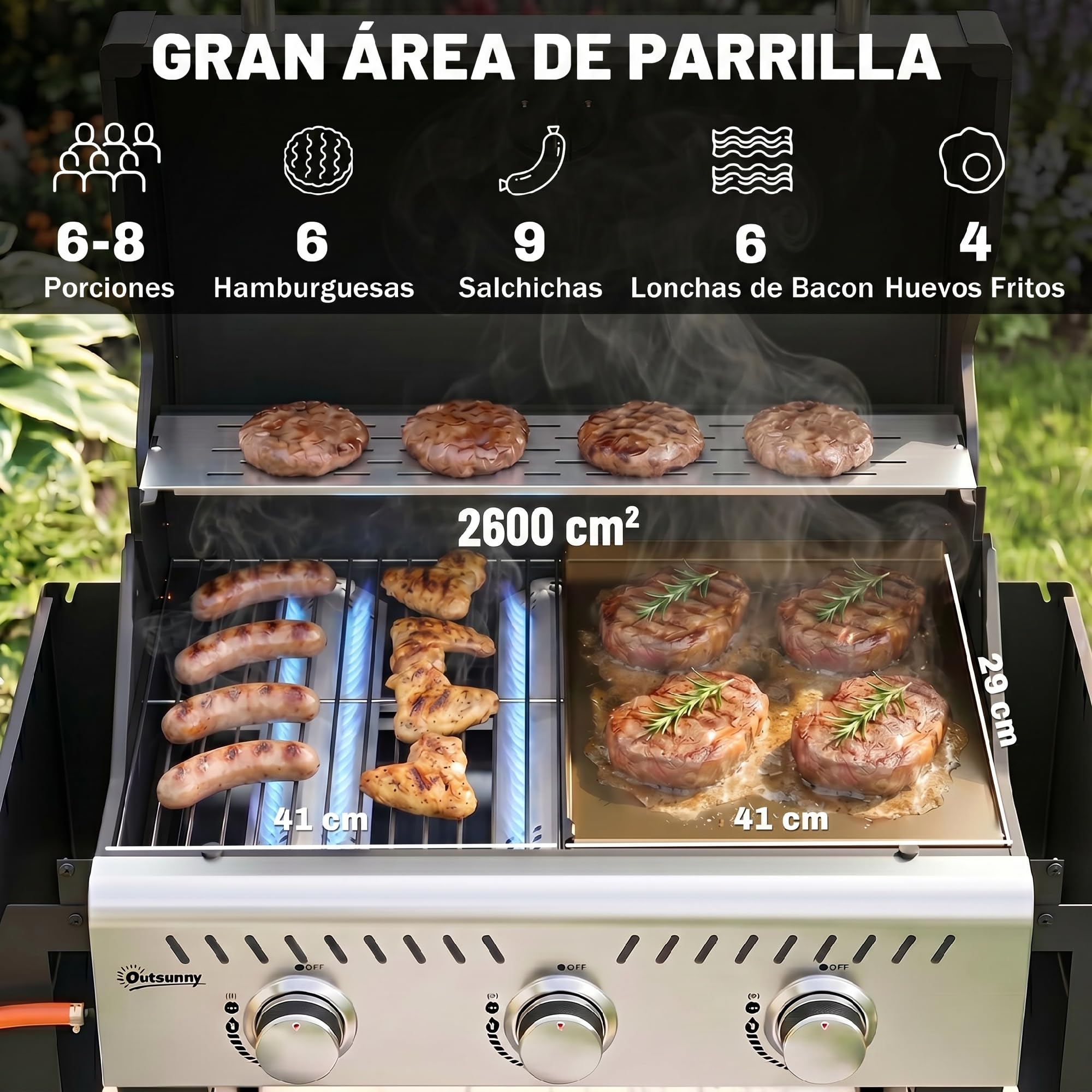 Outsunny Barbacoa de Gas BBQ Gas Portátil 3 Quemadores 7,5 kW Termómetro | Mesas Laterales Plegables, Rejilla Calentadora, Parrilla Plancha, Tapa con Ventana, Recogedor y Recipiente Grasa