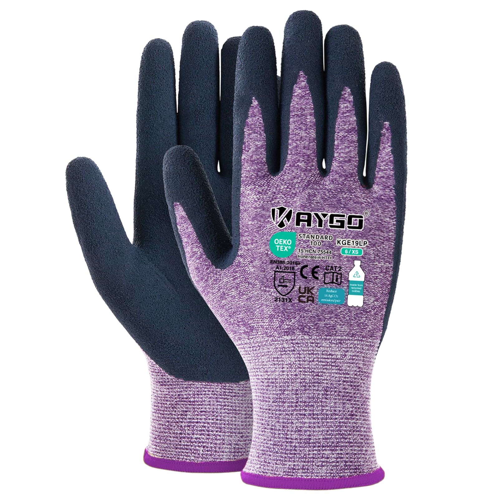 KAYGO Latex Coated Work Gloves for Women Breathable, 12 Pairs Recycled Polyester Gardening Gloves, Eco Friendly Safety Yard Work Gloves for Ladies, KGE19L (Purple, X-Small)